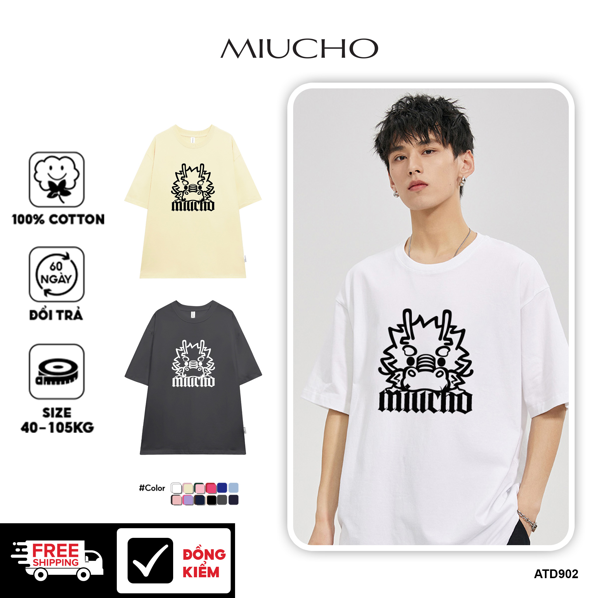 Áo phông nam tết 2024 in hình rồng local brand form rộng ATD902 Miucho Man tay ngắn cổ tròn in basic
