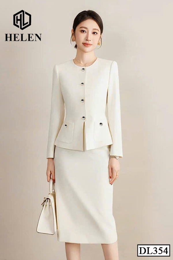 Đầm ôm peplum màu kem giả set cổ tròn DL354