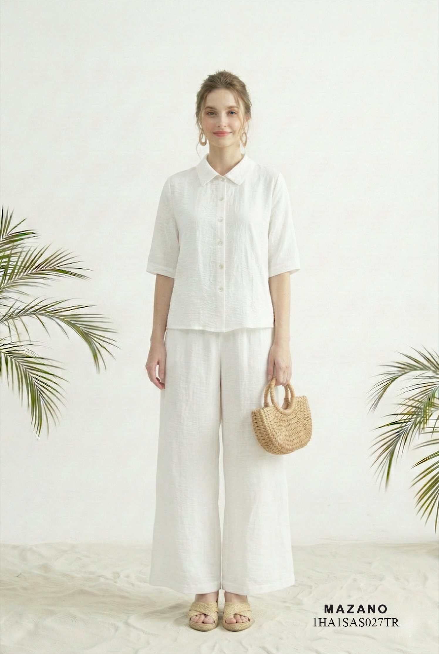 Áo sơ mi vải pha linen trắng dáng suông vừa cổ sơ mi thiết kế MAZANO 1HA1SAS027TR