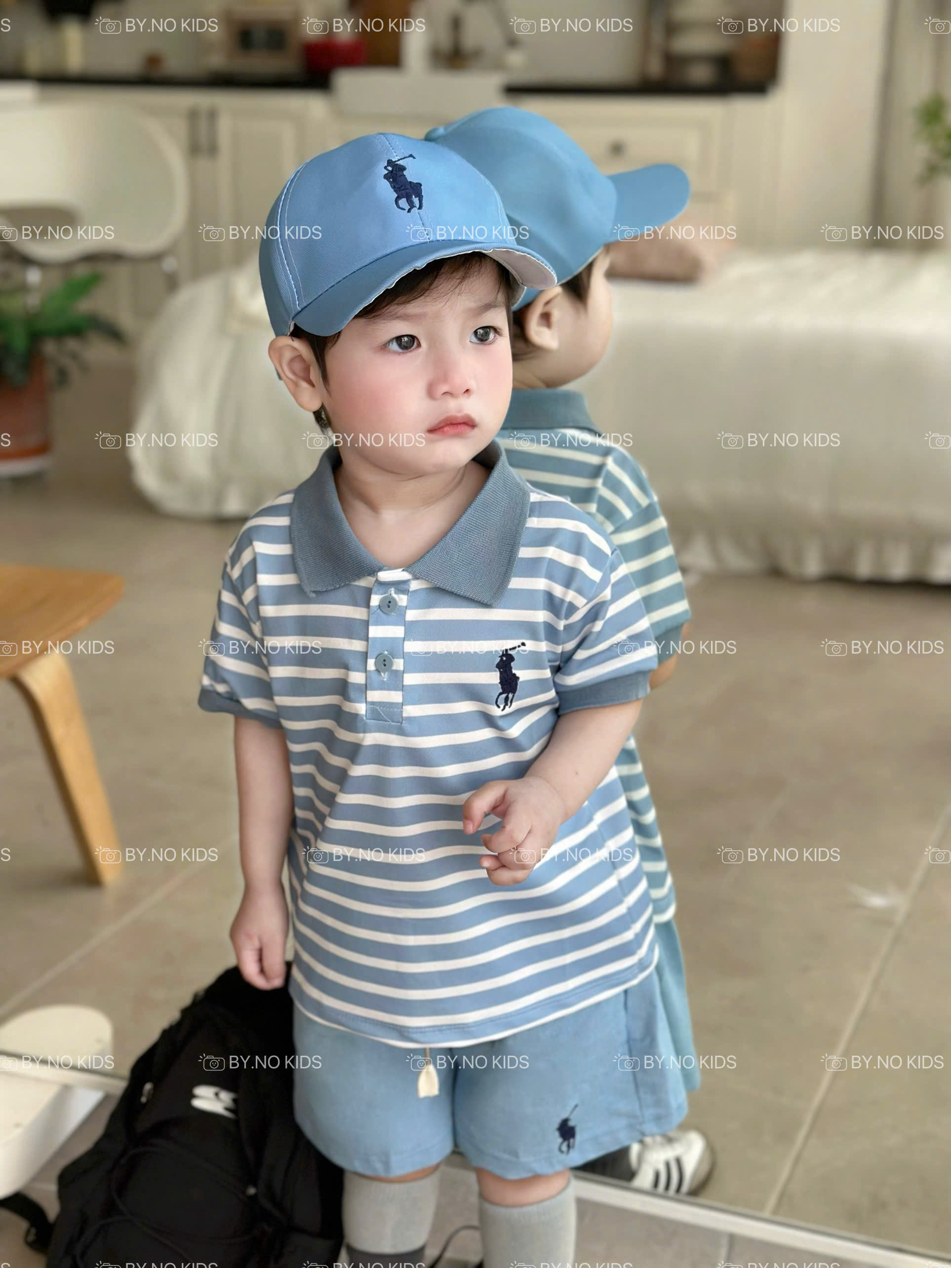 N33 BỘ POLO NGỰA SỌC XANH KÈM MŨ- A111.111