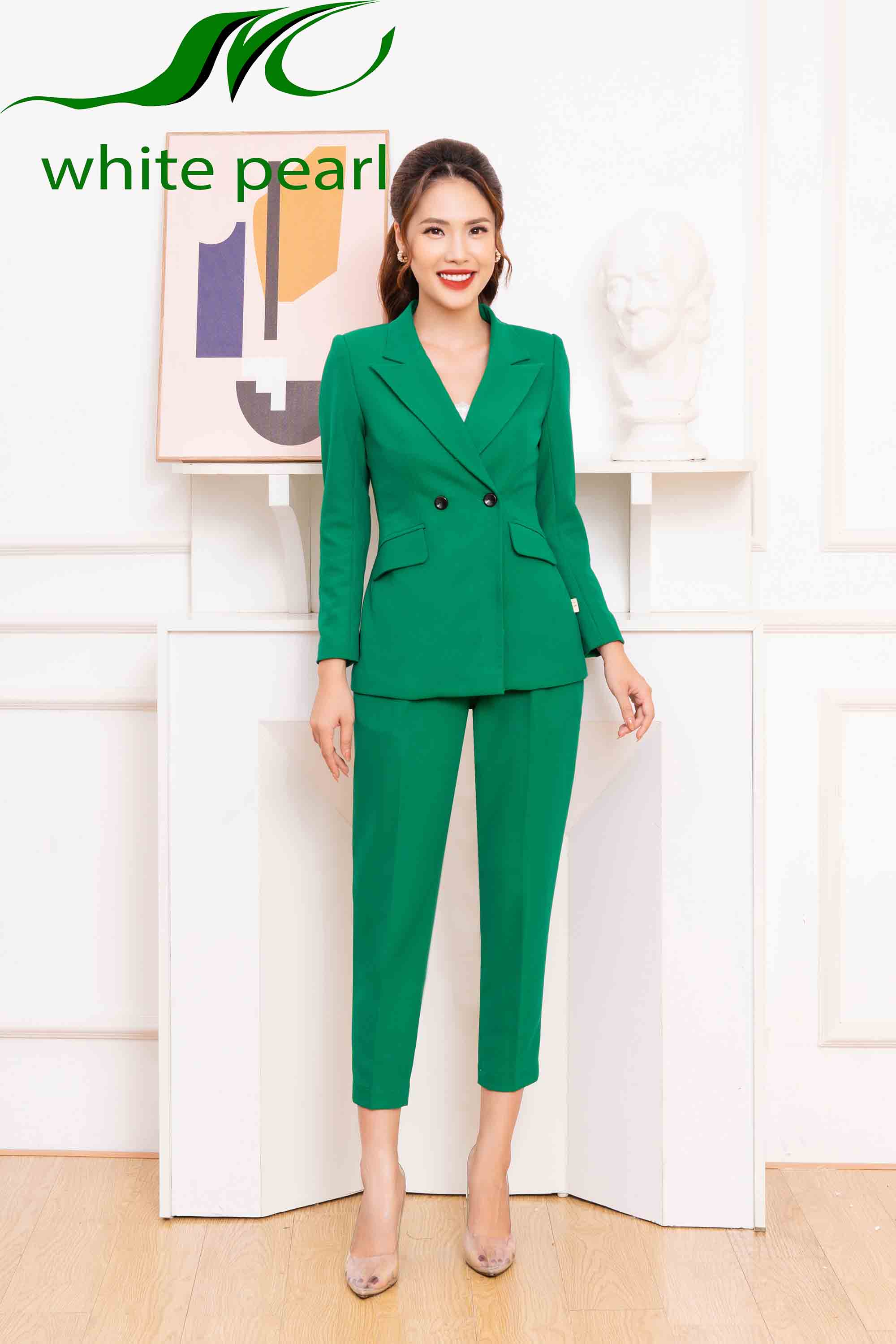 Bộ vest dáng dài kết hợp quần baggy thời trang công sở cao cấp White Pearl