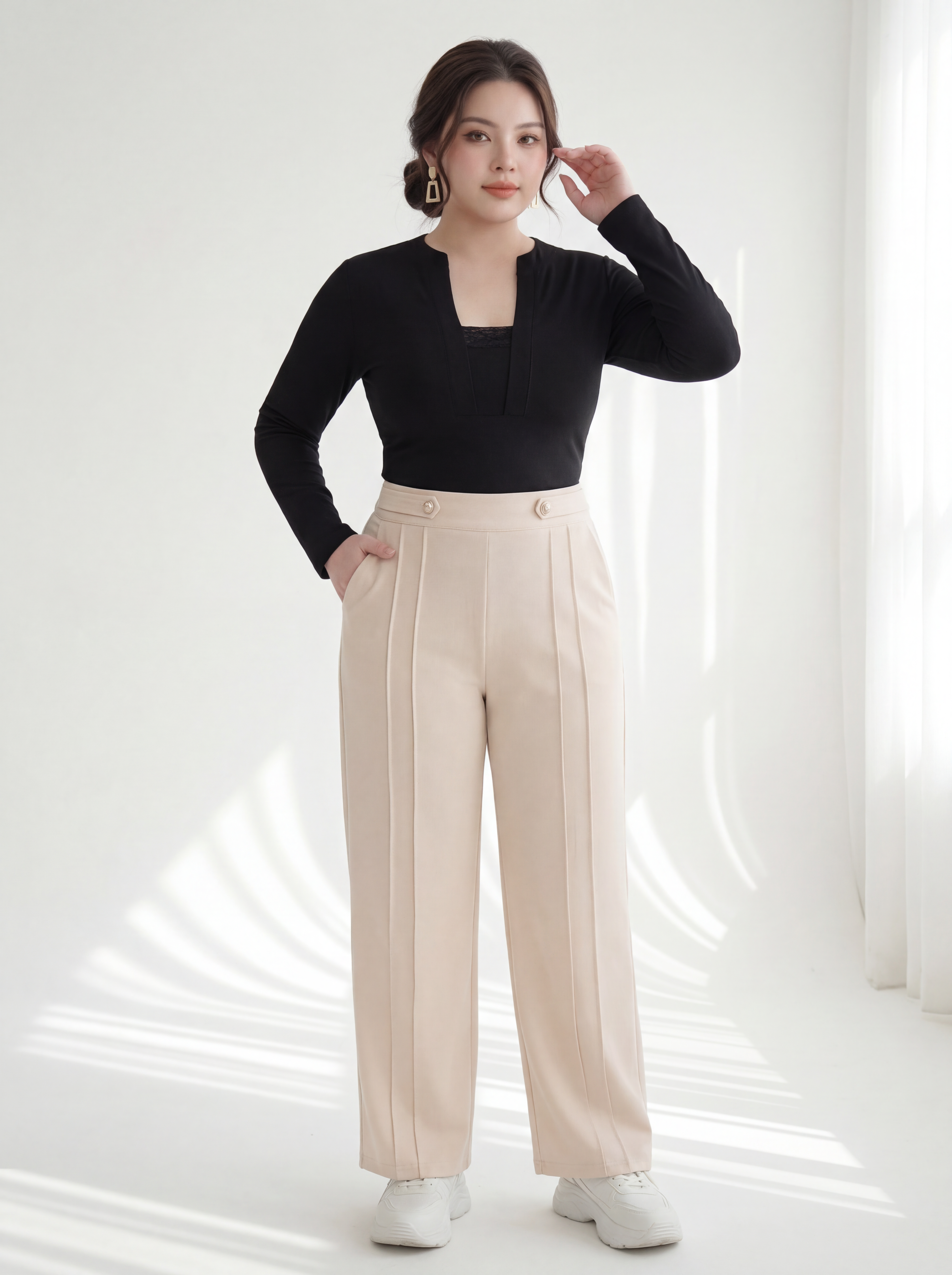 BIGSIZE NỮ - Áo thun kiểu tay dài phối ren V-AK095