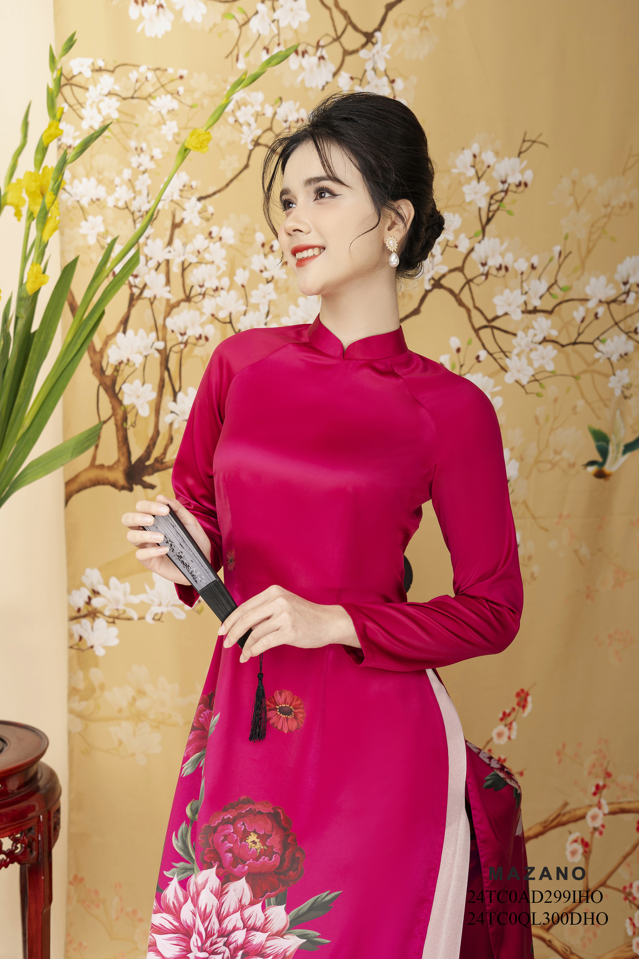 Áo Dài in hoa thược dược Vải lụa ngọc trai Cổ tàu Tay dài Dài tới mắt cá chân- mã mẫu 24TC0AD299IHO_thumbnail_4