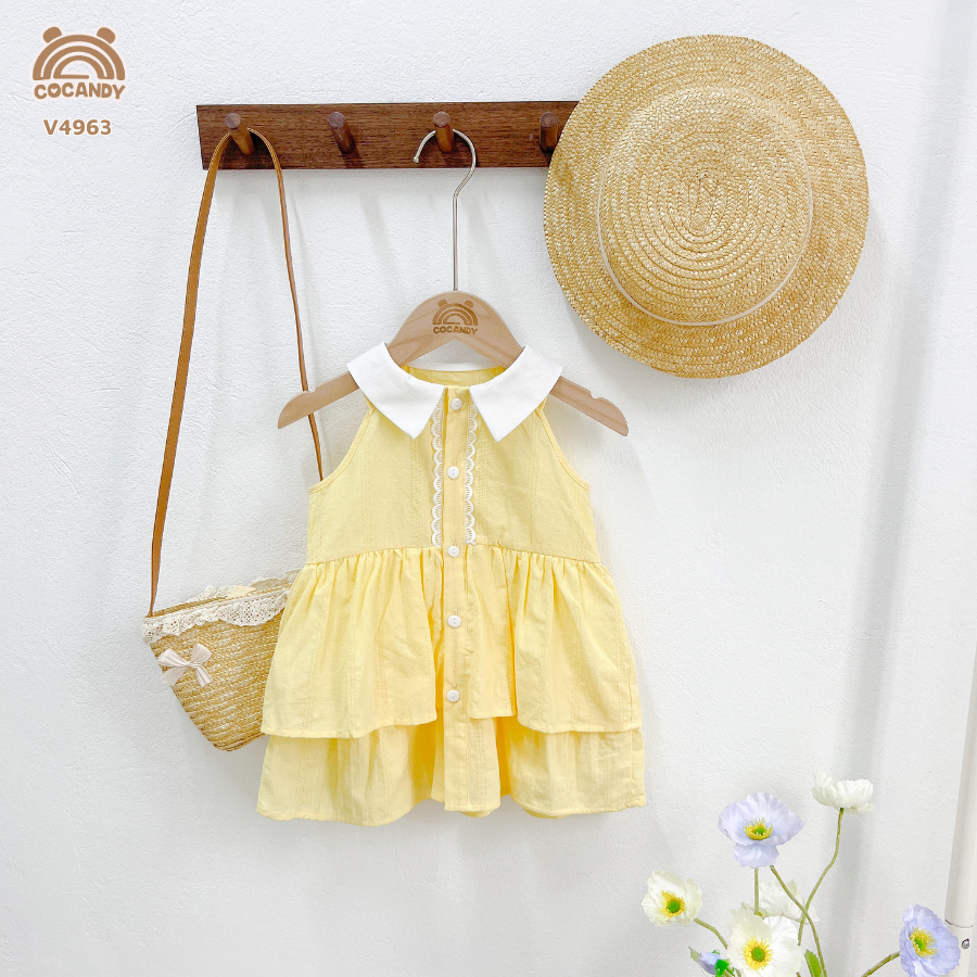 Váy cộc VÀNG sát nách cổ bẻ 2 tầng