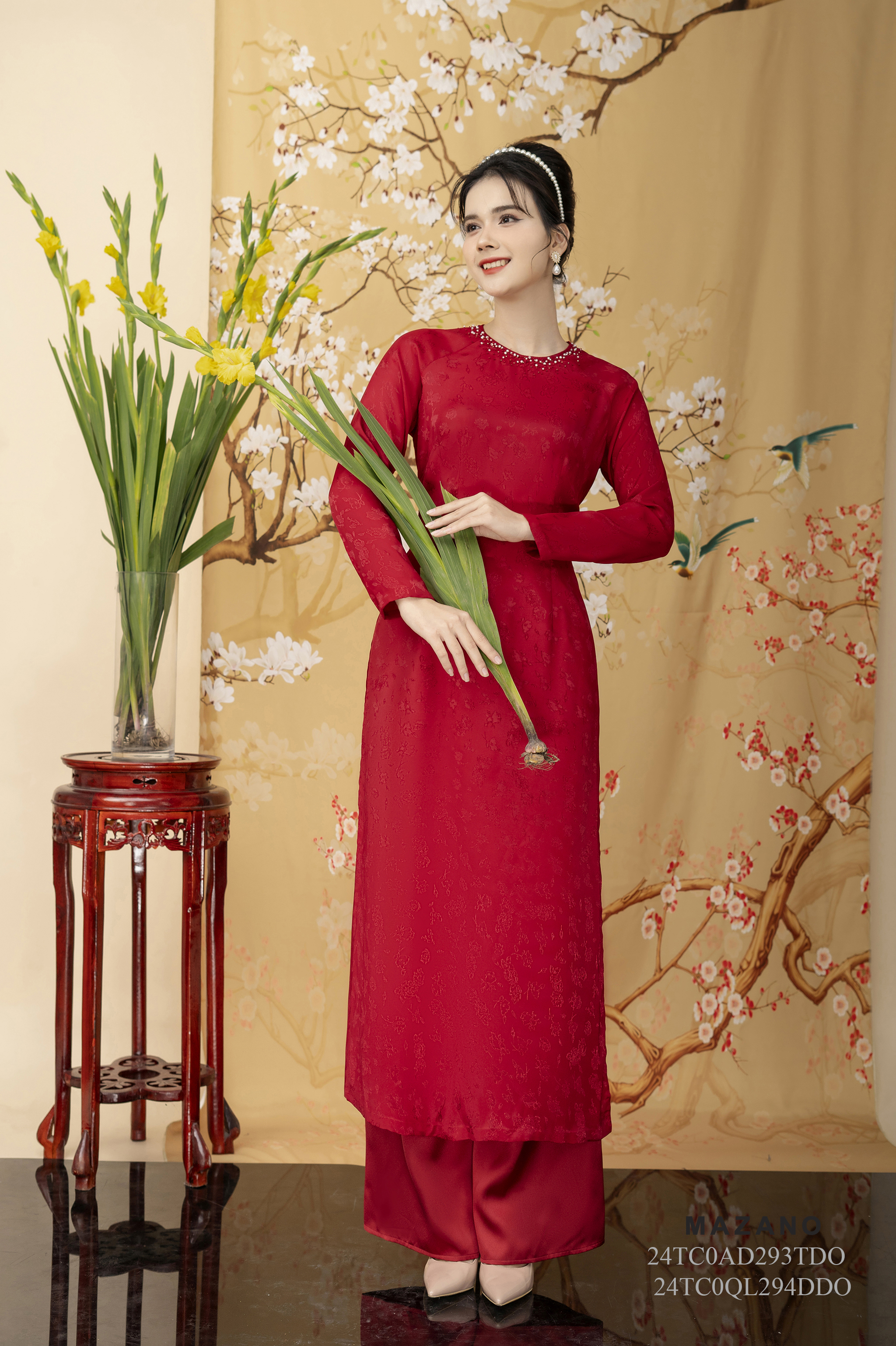 Quần áo dài suông Cạp cao Vải Lụa Dài qua mắt cá chân - Mã mẫu 24TC0QL294DDO - mã áo dài 24TC0AD293TDO_thumbnail_0