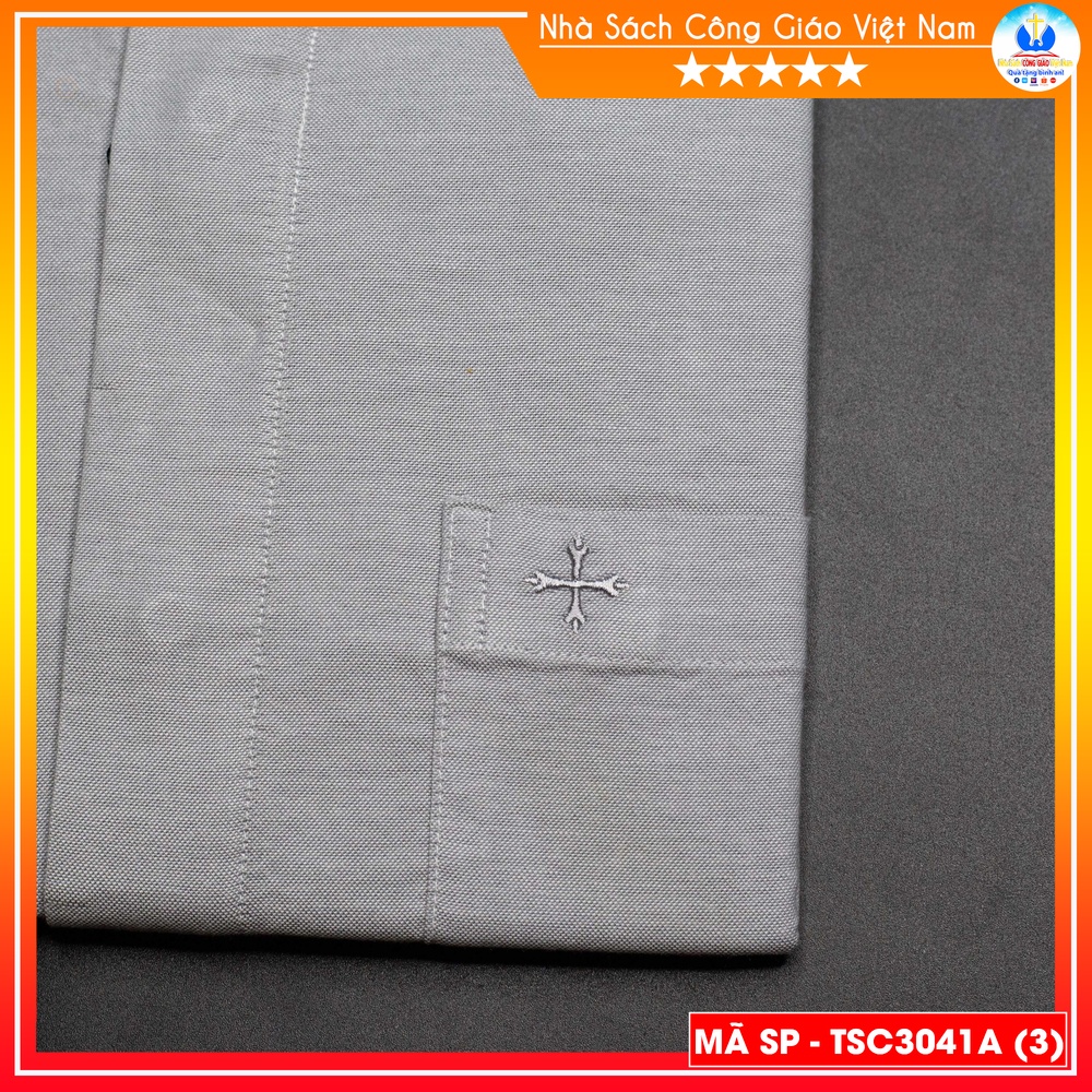 Áo Sơ Mi cổ côn linh mục ngắn tay màu ghi cotton TSC3041A- Quà tặng  Lễ quan thầy, truyền chức, sinh nhật cha xứ_thumbnail_3