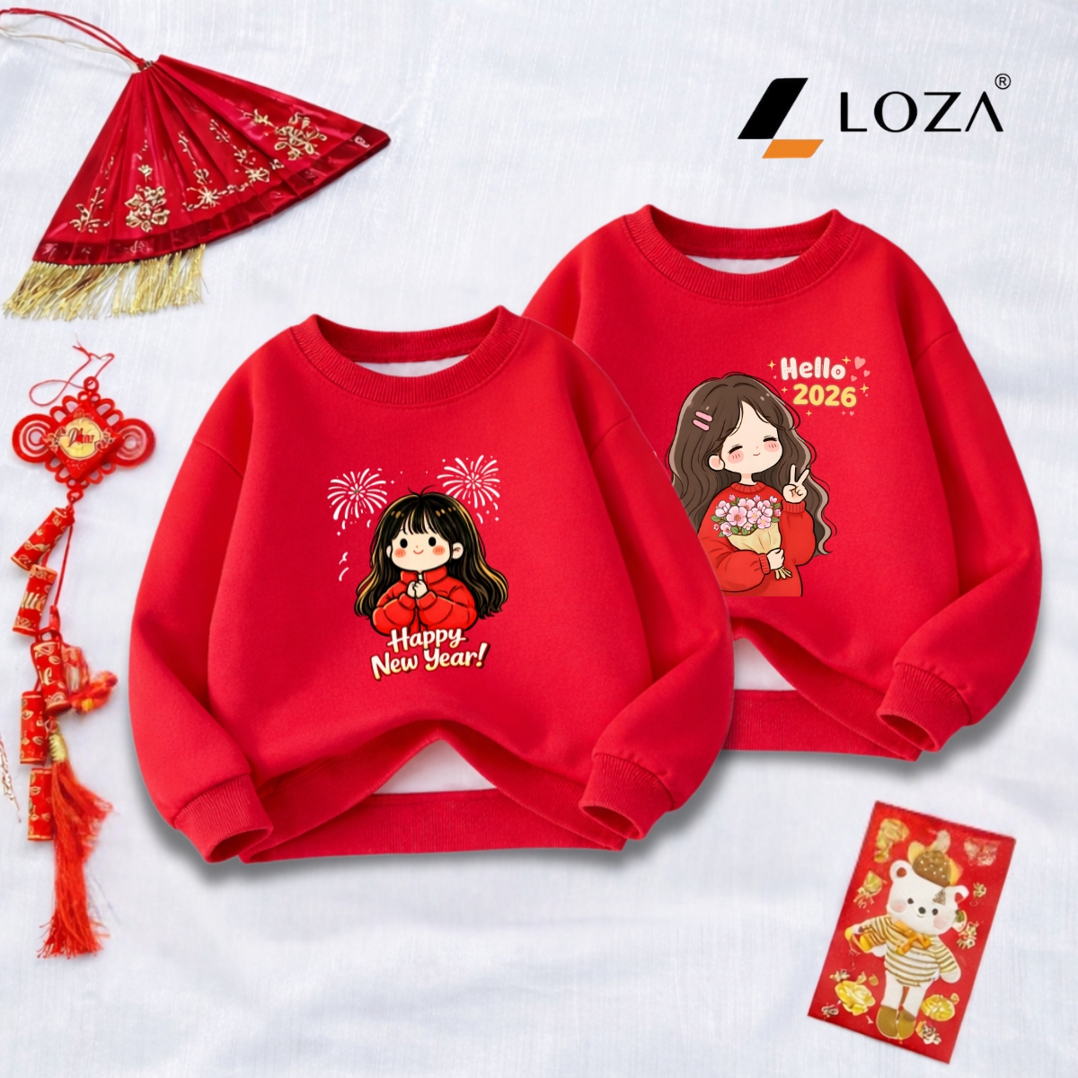 [BST Tết 2026] Áo nỉ sweater bé gái hình cô gái Chúc Tết - Loza Kids IN030