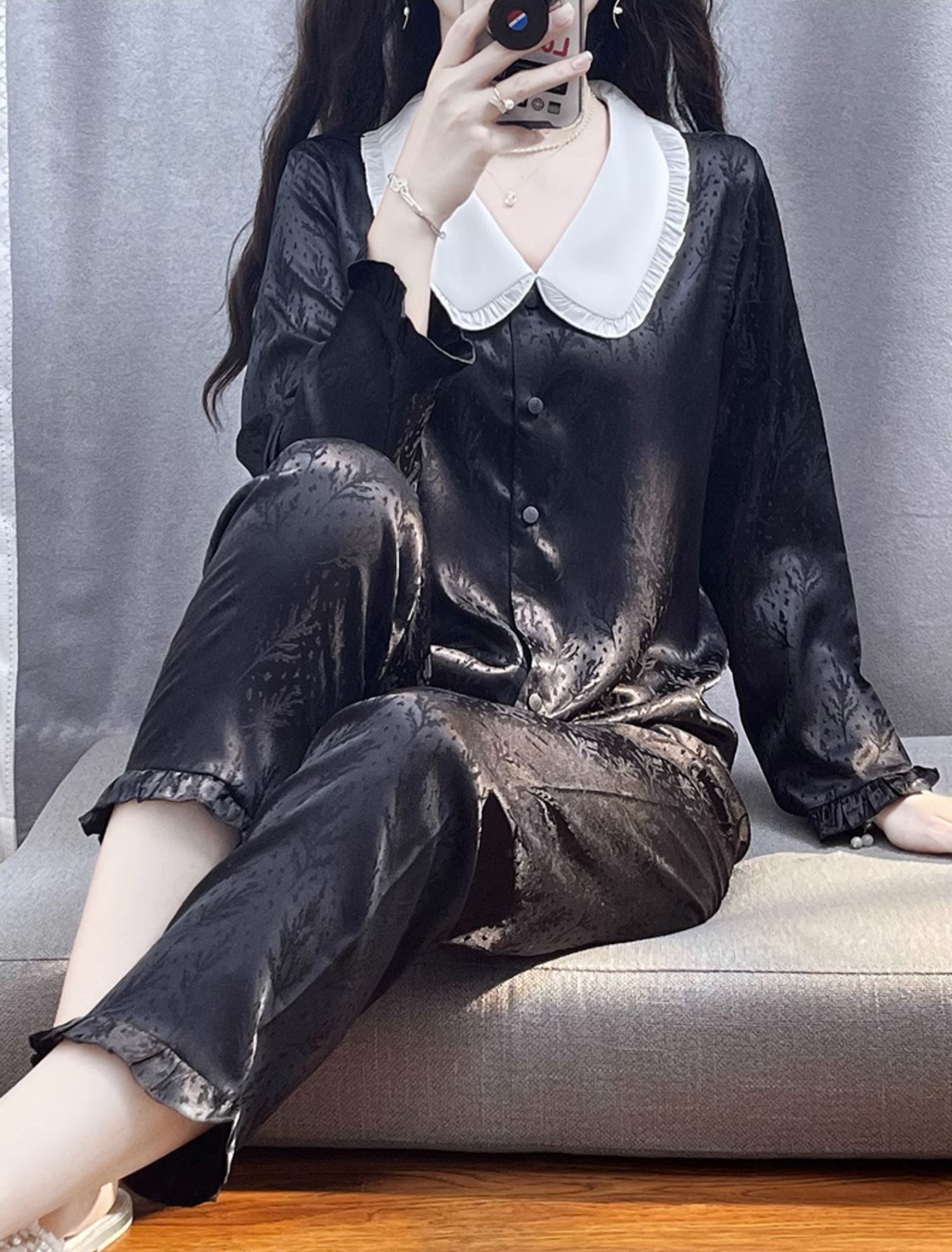 N35 Pijama lụa gấm họa tiết lá cỏ cao cấp_thumbnail_2