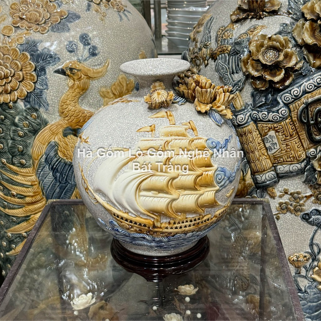 Bình Tài Lộc - Lọ Hoa Hút Lộc Gốm Bát Tràng Bền Đẹp Cao Cấp TẶNG ĐẾ GỖ Họa tiết Thuận Buồm Xuôi Gió_thumbnail_12