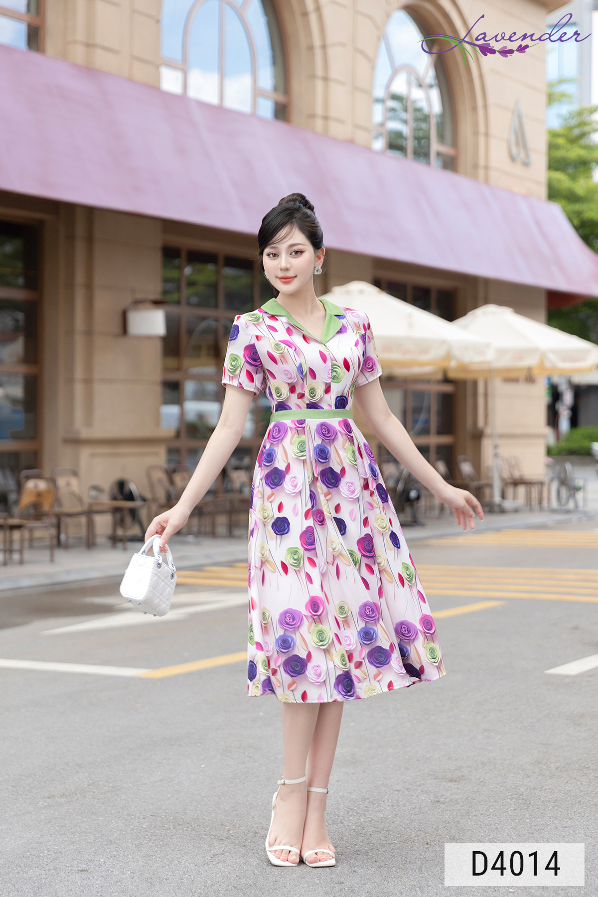 Đầm hoa dáng xòe cổ ve tay ngắn phối đai D4014_thumbnail_2