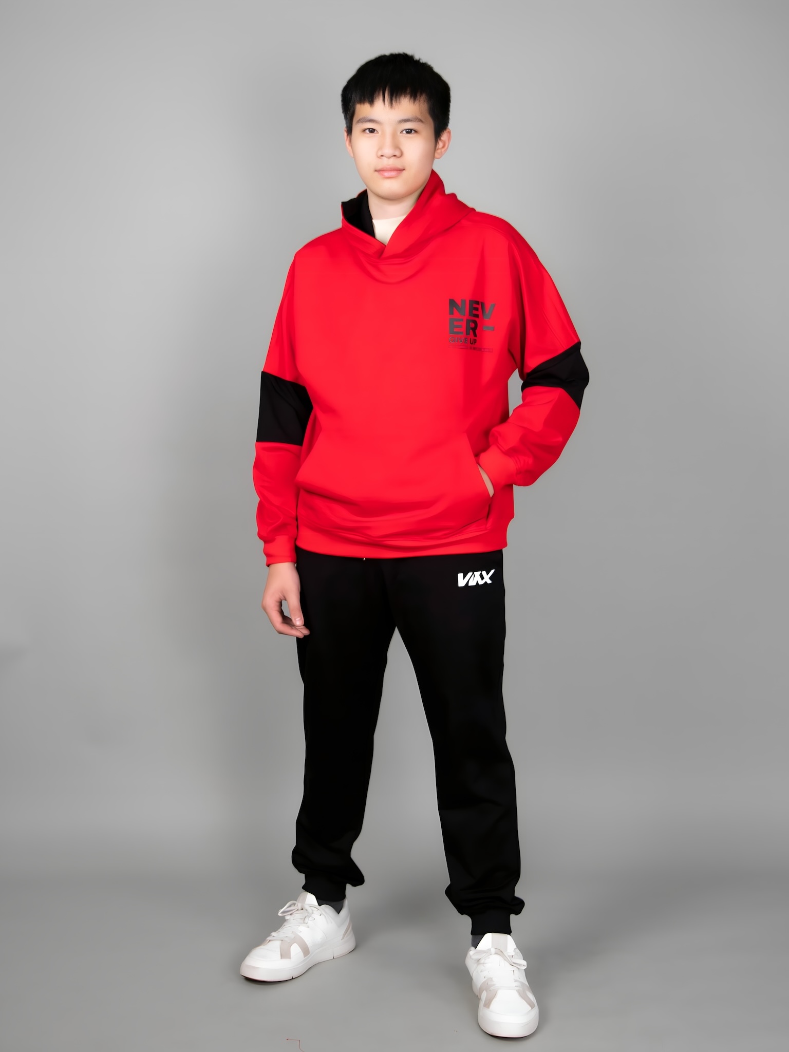 Áo nỉ hoodie màu đỏ phối đen Never