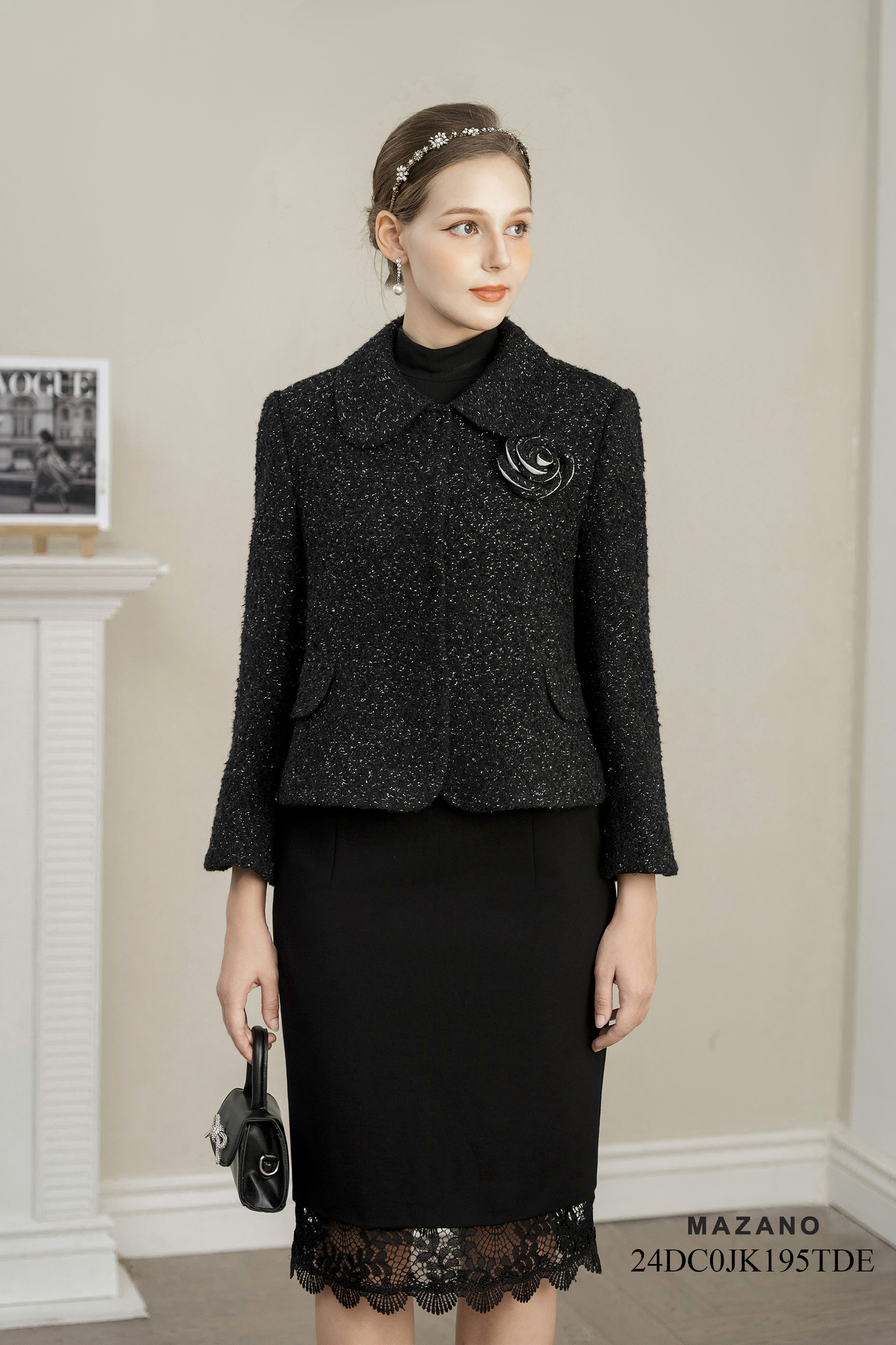 Áo khoác ngắn Vải dạ tweed Đính hoa thủ công Cổ sen Tay dài Dài qua eo_thumbnail_0