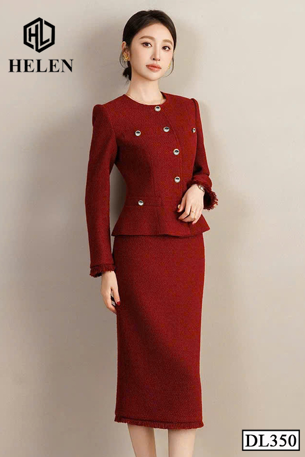 Đầm ôm peplum dạ đỏ giả set tay dài DL350