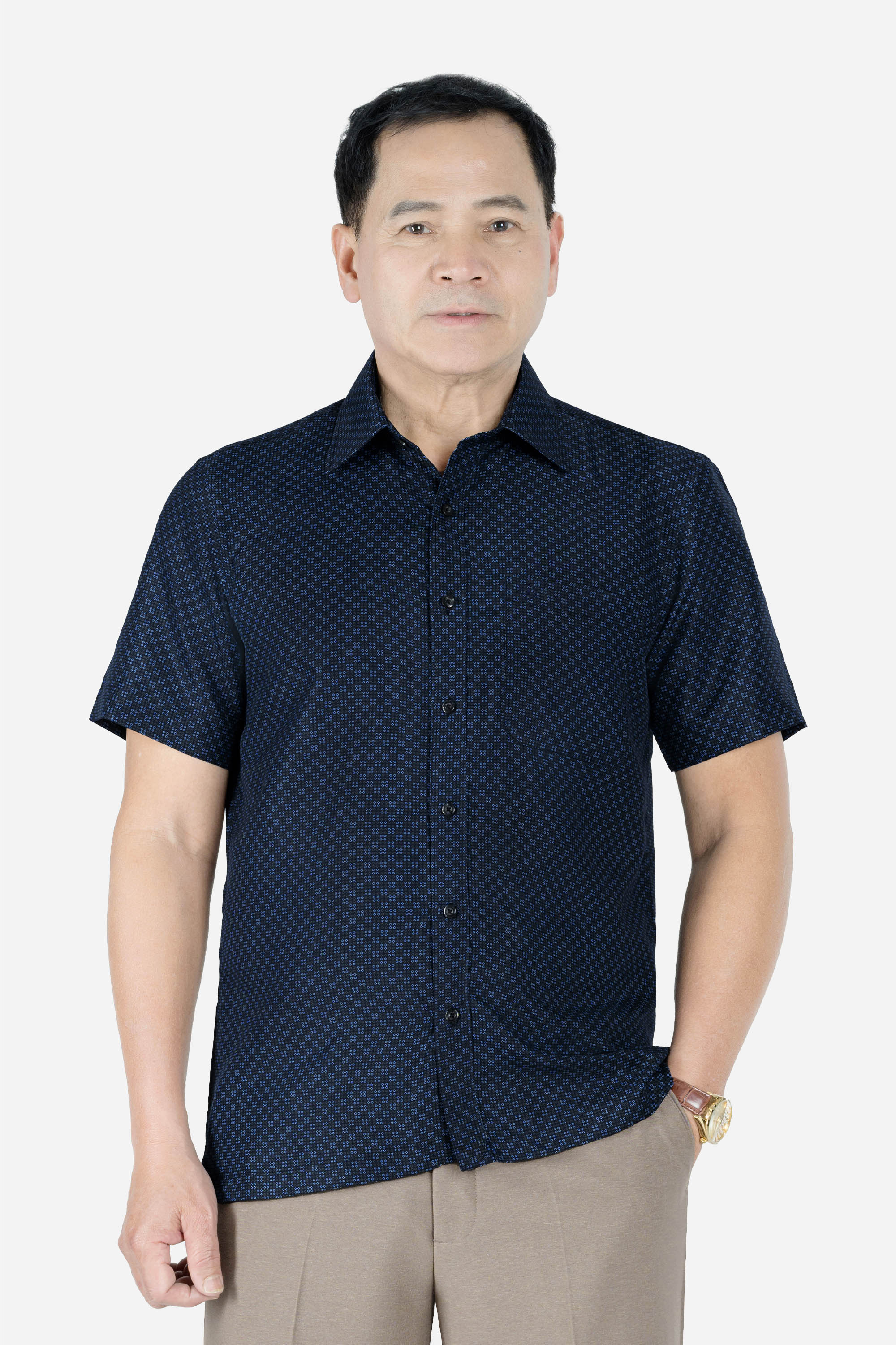 Sơ Mi Họa Tiết Nam Trung Niên ANCHI Chất Liệu Cotton Phom Suông Vạt Ngang Màu Cổ Vịt