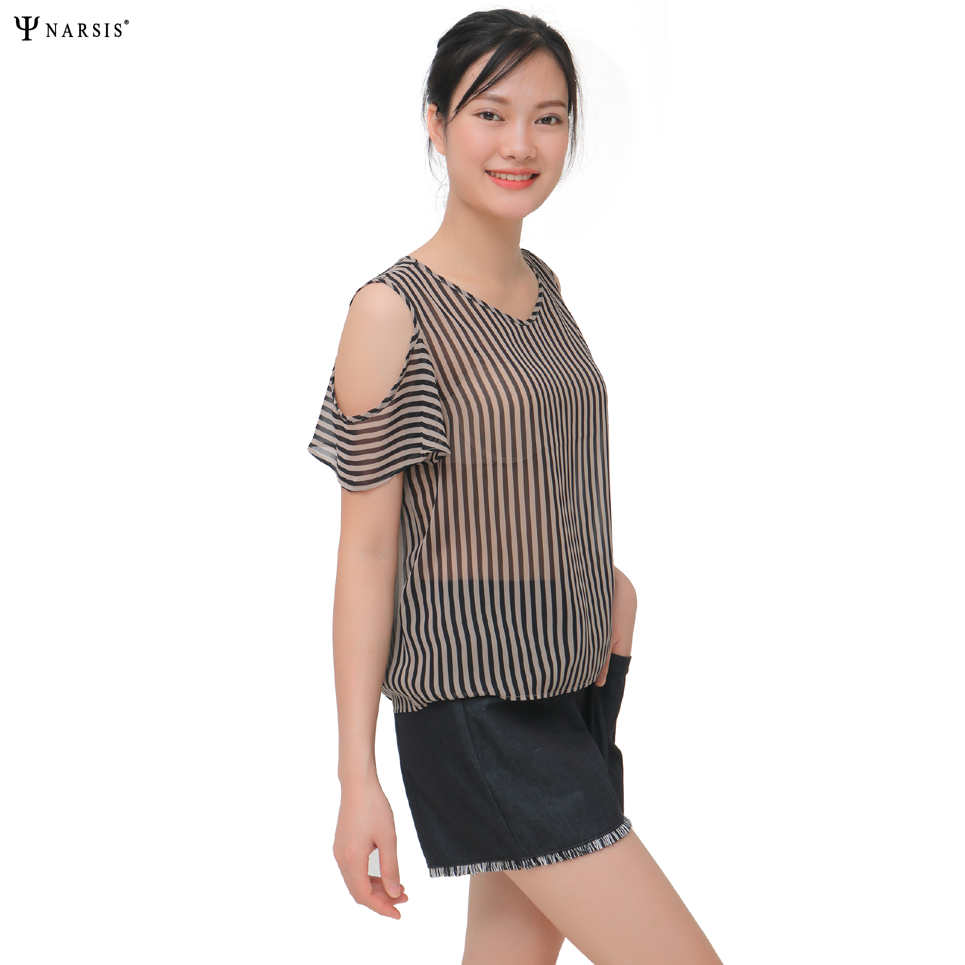 ÁO HÈ NỮ THIẾT KẾ -  VOAN KẺ NHÍ ĐEN TRẮNG L9022 NARSIS CHẤT LIỆU THOÁNG MÁT, DỄ CHỊU, THOẢI MÁI ...