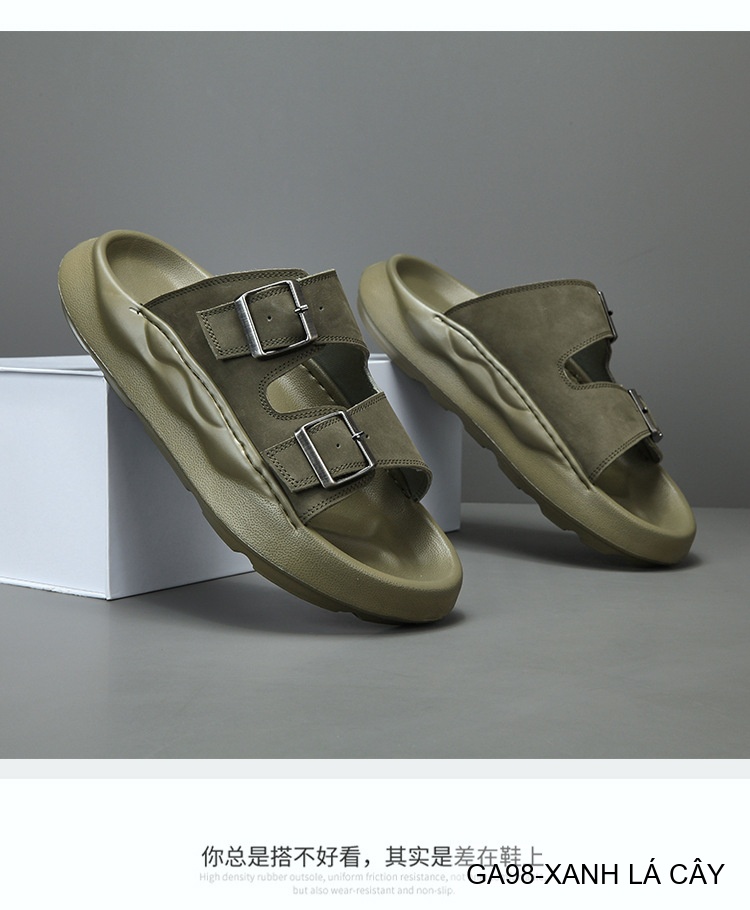 GA98 - Dép xỏ ngón nam đế dày thời trang, da bò mềm, hai quai khóa kim loại, màu Xanh Lá Cây và Đen_thumbnail_8