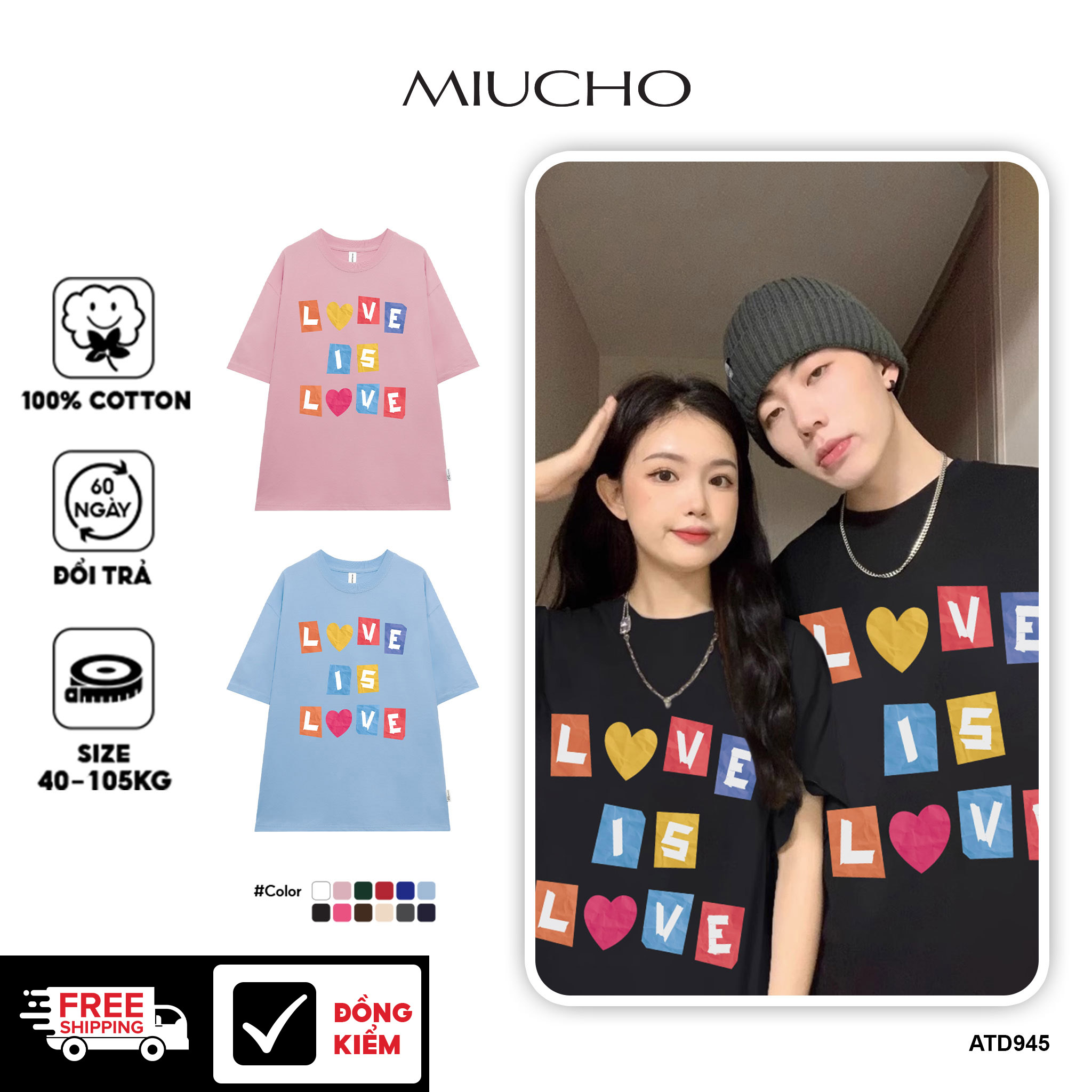 Áo thun cuple trái tim cực xinh form rộng local brand ATD945 Miucho tay ngắn cổ tròn in mix