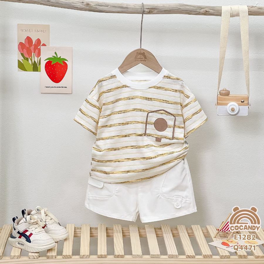 Áo cộc cotton kẻ VÀNG BE phối túi ngực hòm thư