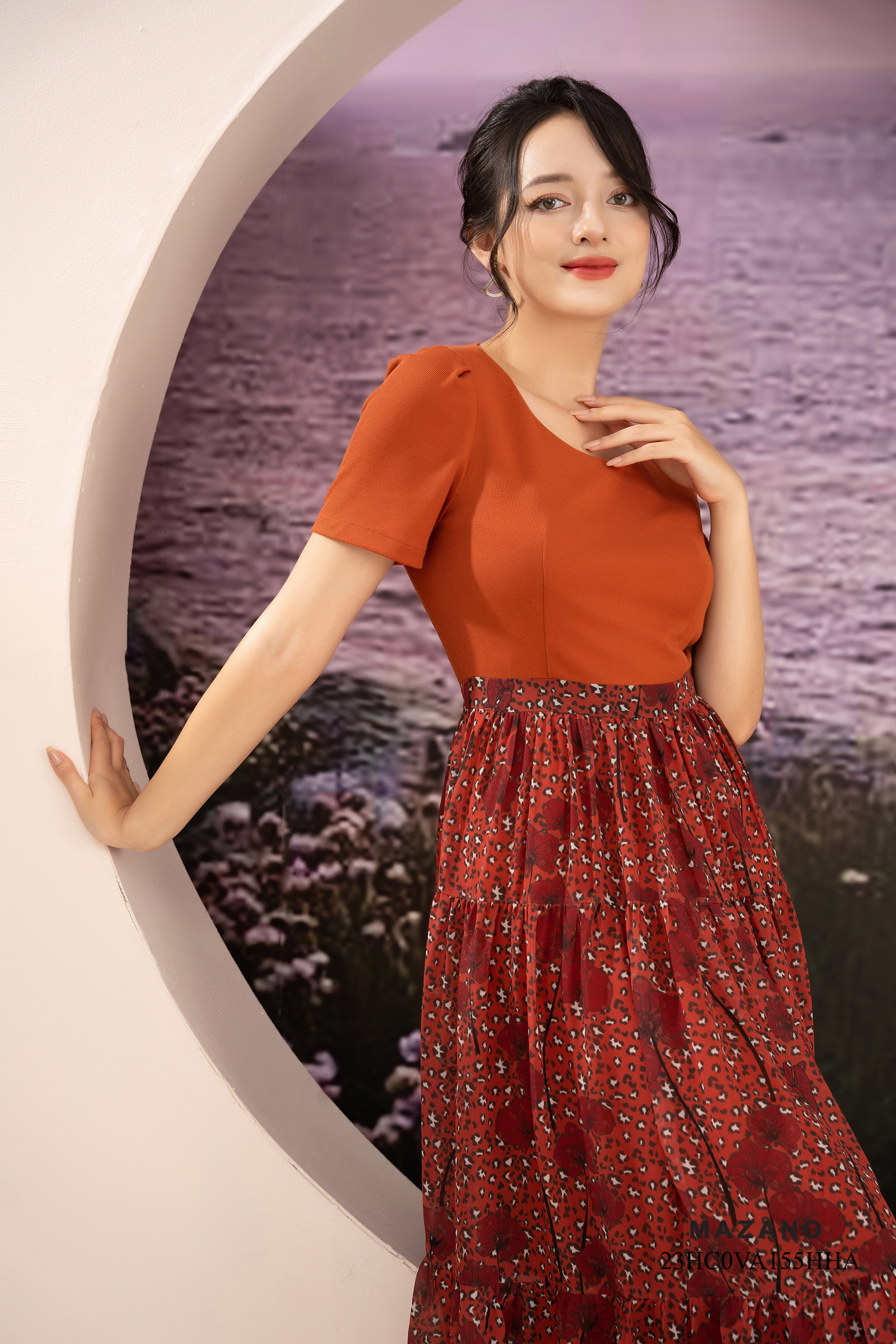 Váy Đầm Ôm Vải thun phối voan Hoạ tiết hoa in Cổ tròn Tay ngắn Dài ngang bắp chân_thumbnail_3