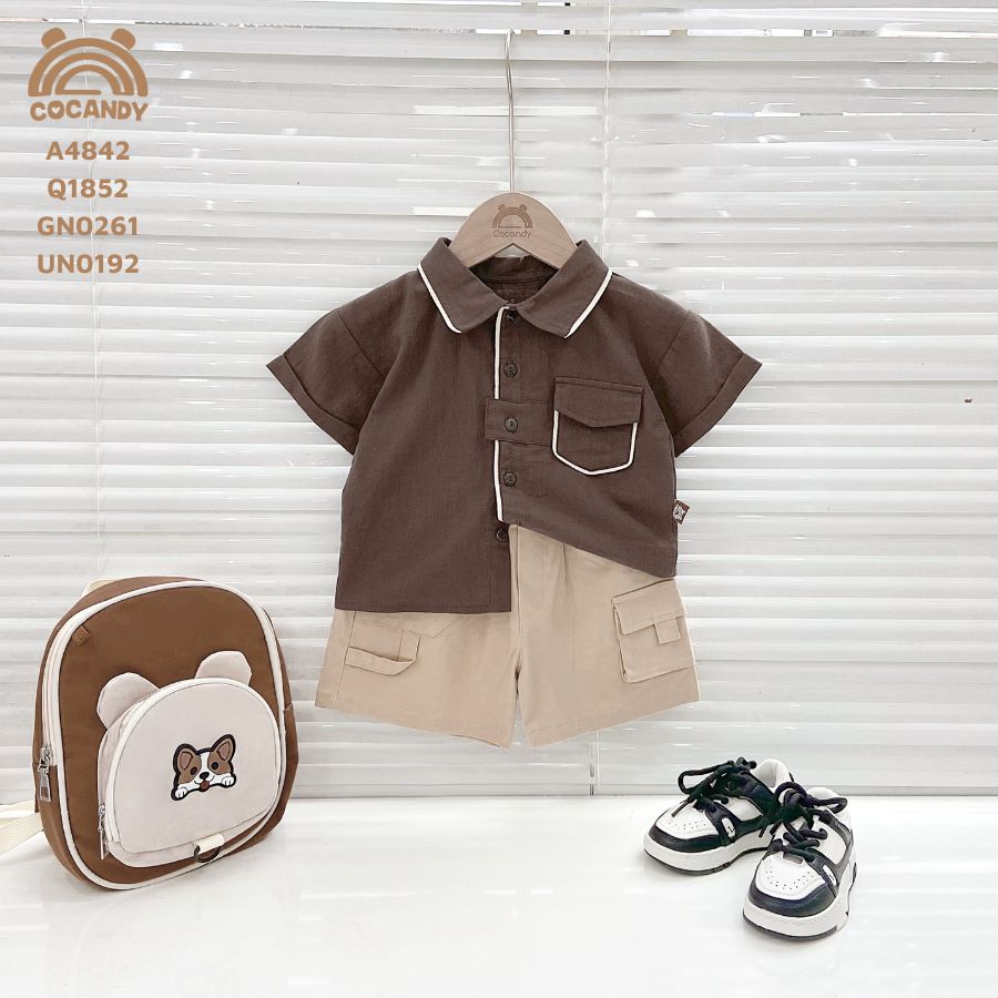 Áo cộc sơ mi NÂU phối viền BE túi ngực