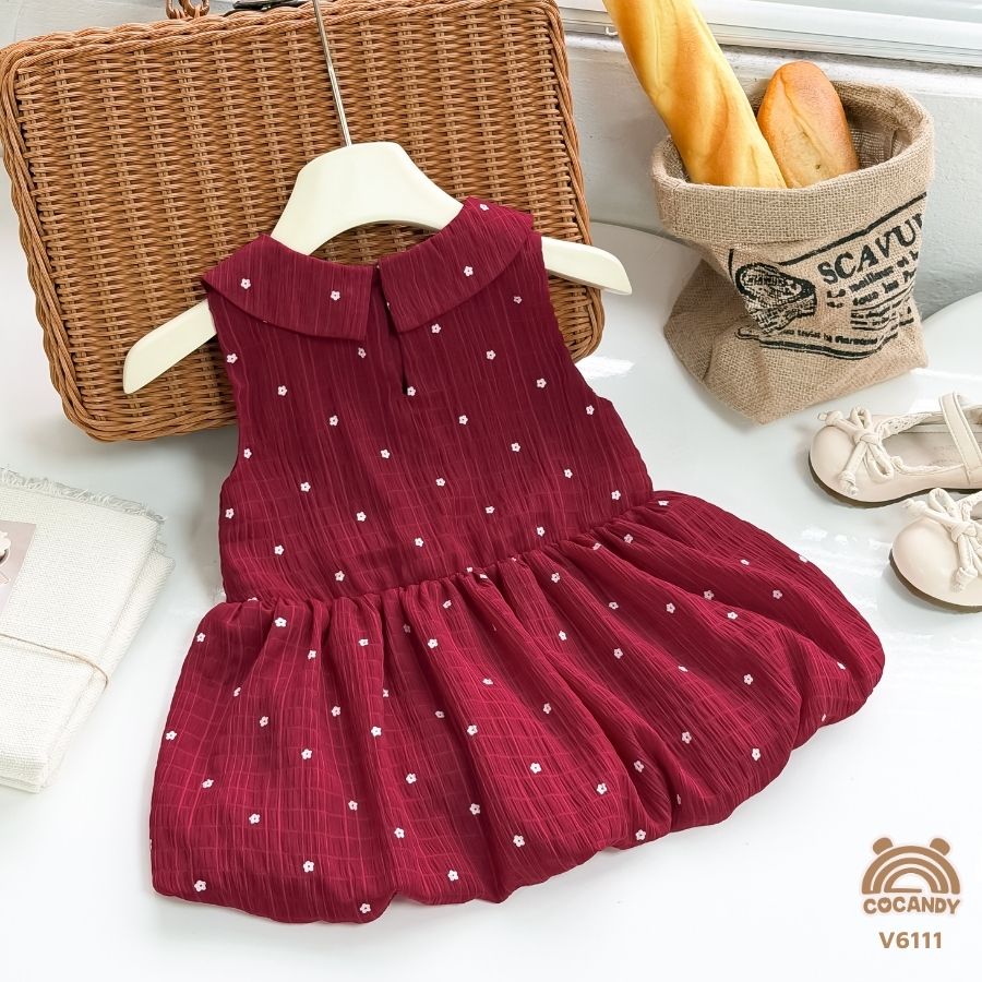 Váy cộc ĐỎ sát nách họa tiết hoa nhí trắng cổ nơ_thumbnail_1