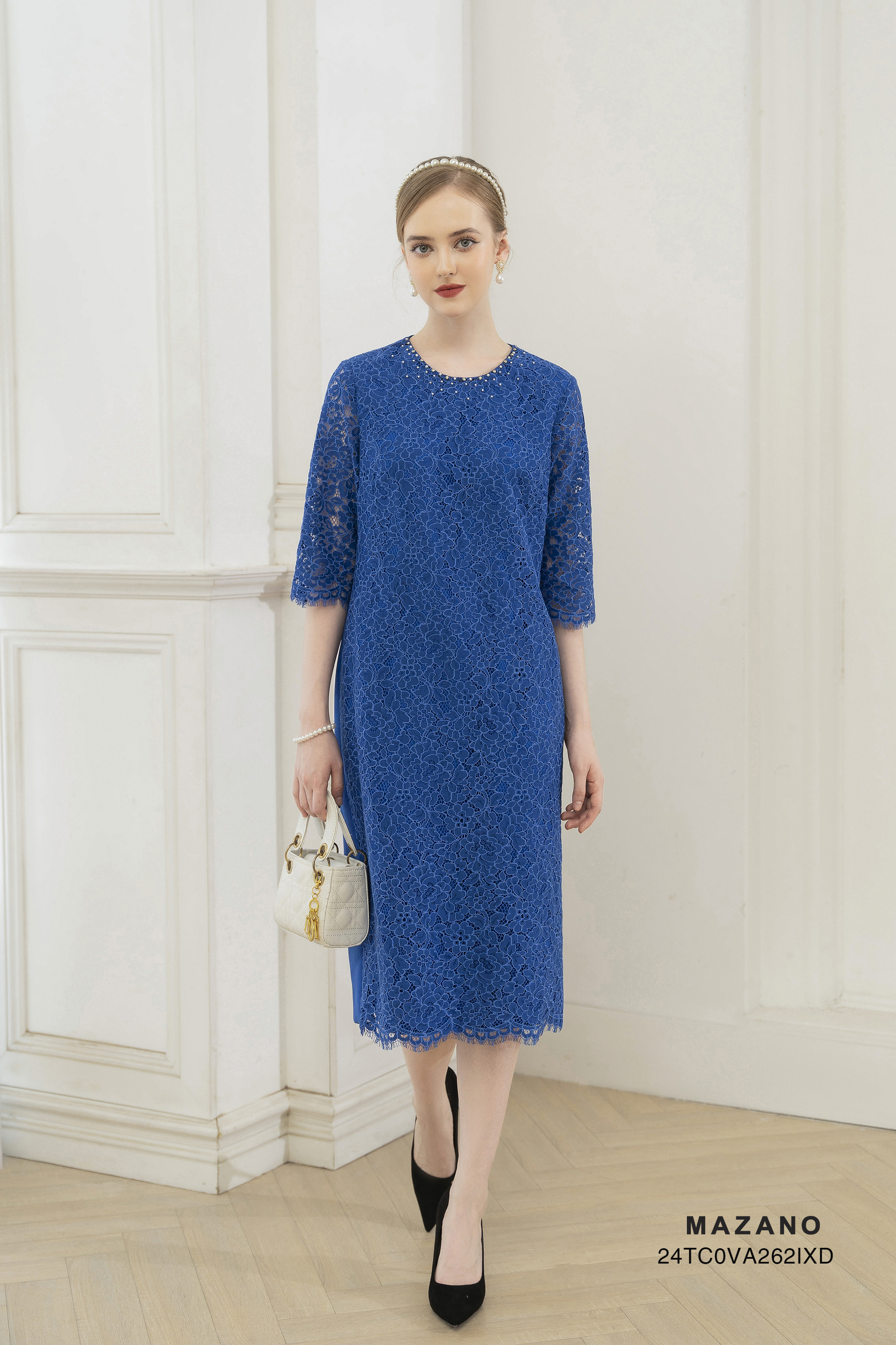 Váy Đầm suông Phối chất liệu Đính trang trí cườm trên cổ Cổ tròn Tay lỡ Dài qua gối