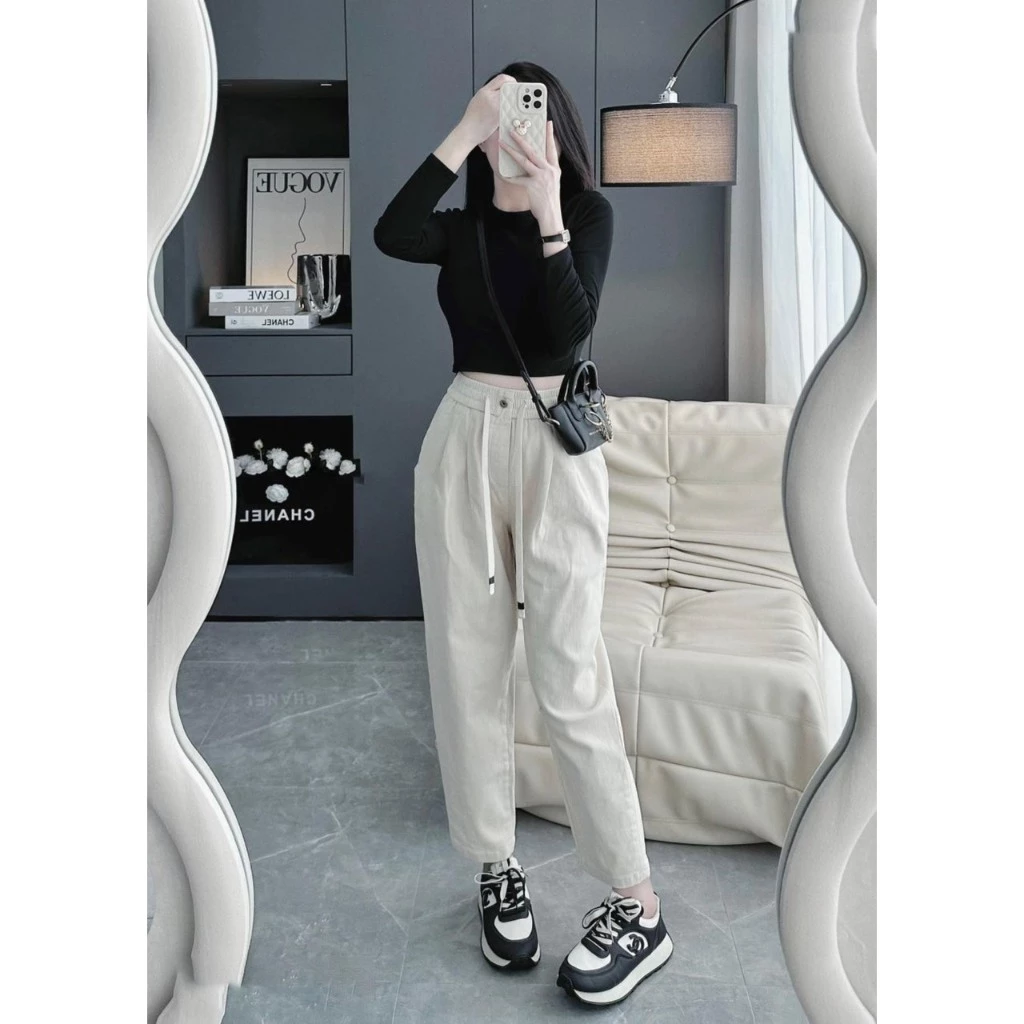 Quần Baggy Chất Liệu KaKi Giãn Cao Cấp Nữ, Quần Cạp Cao Lưng chun Ống Đứng Cá Tính