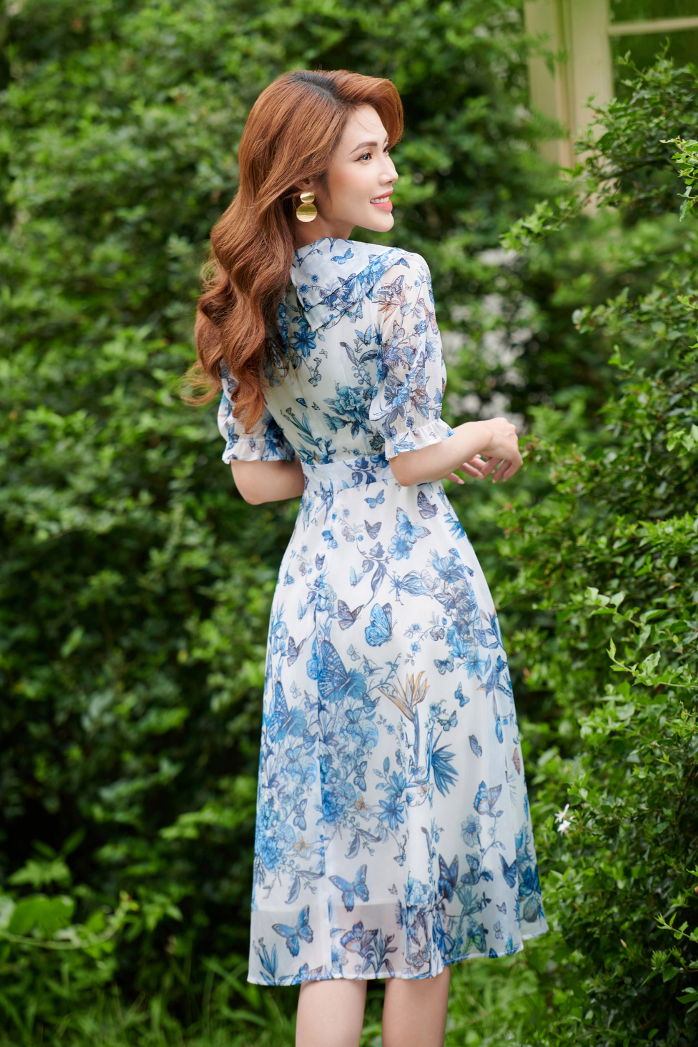 Đầm xoè hoạ tiết xanh cổ bèo_thumbnail_1