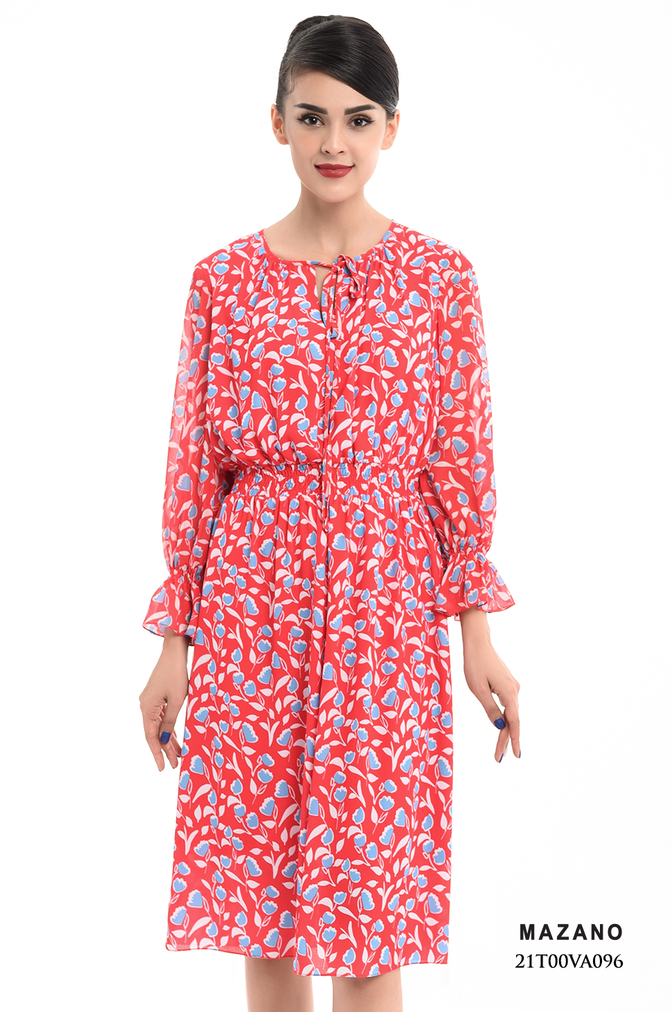 Đầm đỏ họa tiết chun eo thắt nơ cổ_thumbnail_0