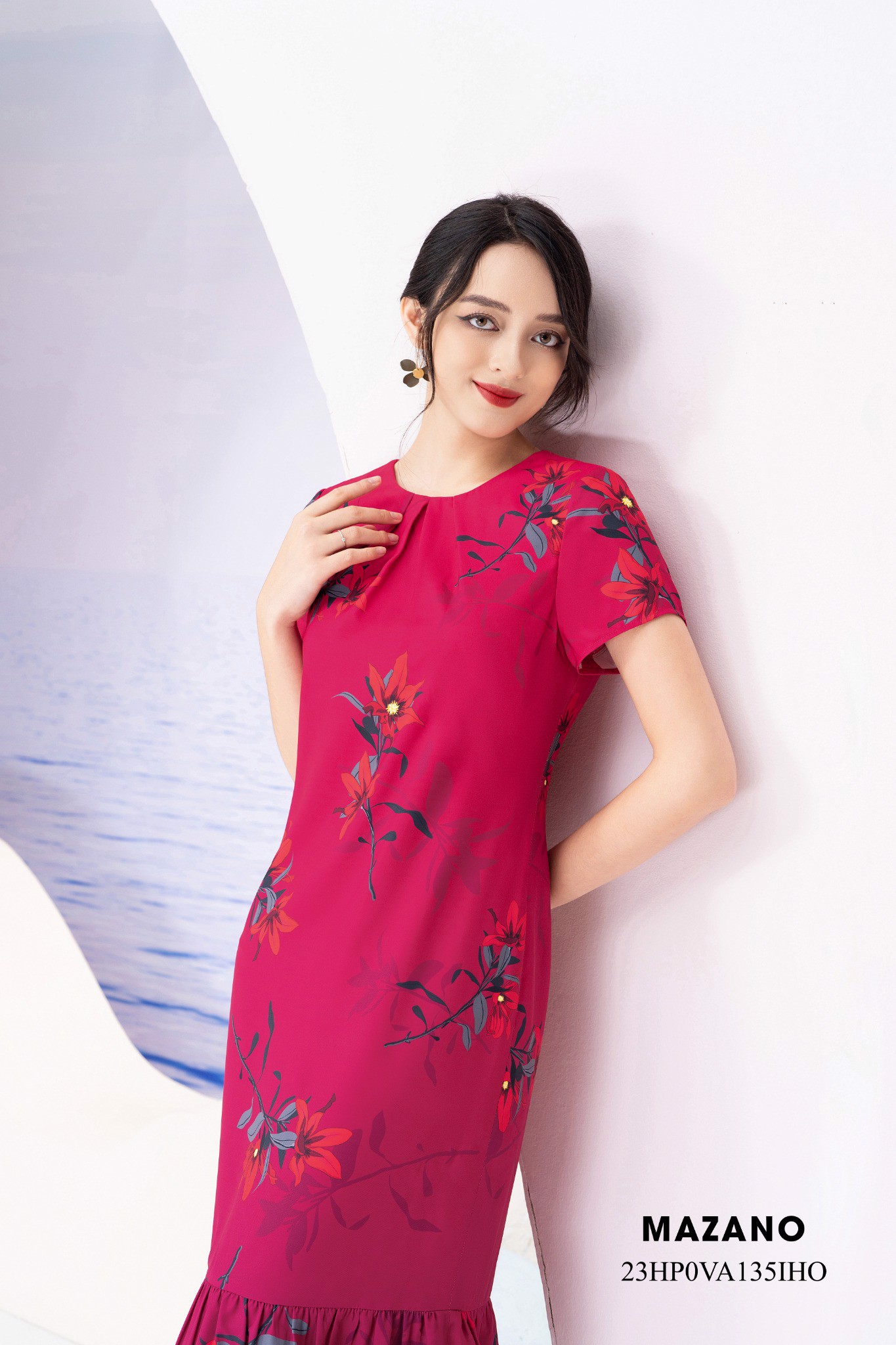 Váy Đầm suông Vải thô mỏng Họa tiết hoa in ombre Chân phối bèo Cổ tròn Tay ngắn Dài đến bắp chân