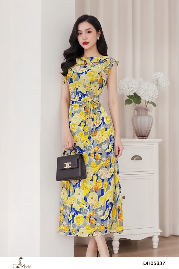 Đầm xòe hoa vang cổ bèo nhún eo thắt đai