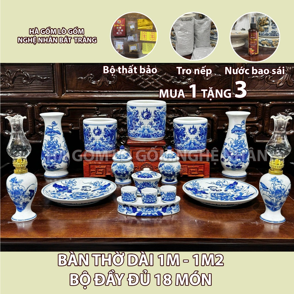 Men Trắng Bộ 18 Món Đồ Thờ Cúng Ban Thờ dài 1m,1m2 TẶNG Thất Bảo, Tro Nếp, Nước Thơm Bát Tràng