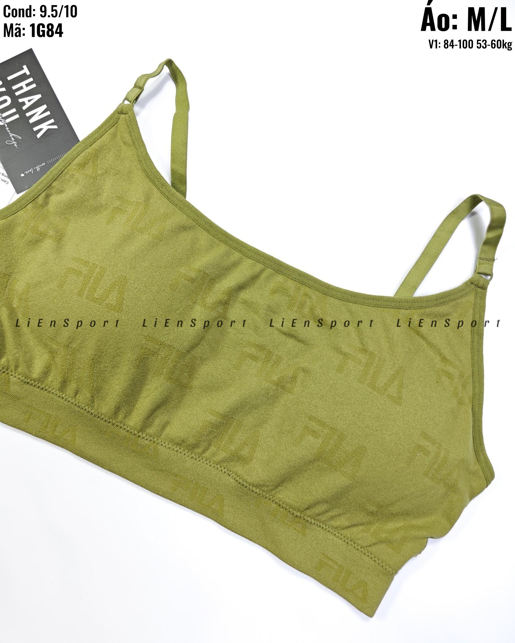 Fila Áo bra thể thao croptop Nữ Size ML Xanh rêu Auth 2nd Chất liệu mịn co giãn tốt Dây vai mảnh điều chỉnh được Chân ngực bản to Logo in chìm Phù hợp tập gym yoga Mã:1G84