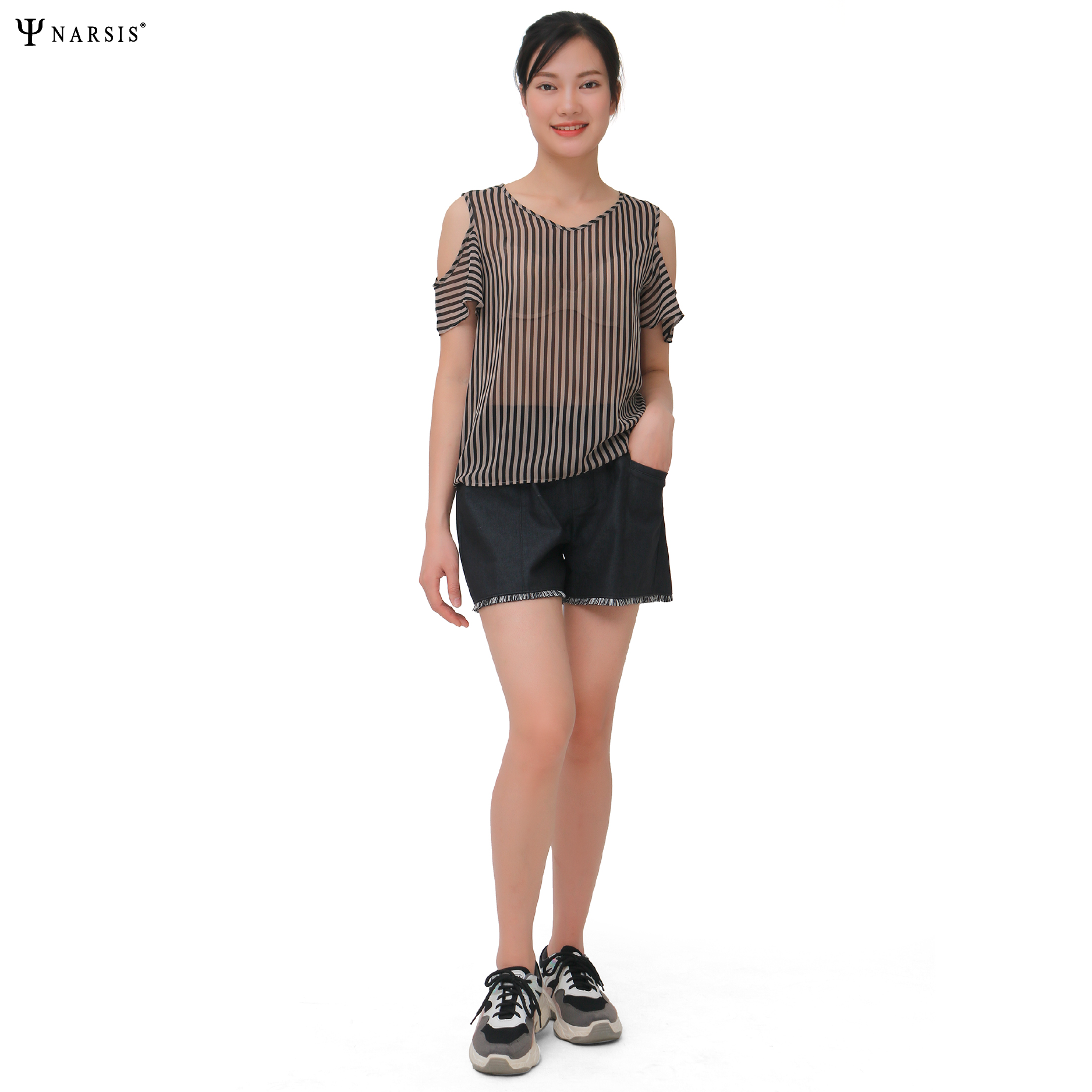 ÁO HÈ NỮ THIẾT KẾ -  VOAN KẺ NHÍ ĐEN TRẮNG L9022 NARSIS CHẤT LIỆU THOÁNG MÁT, DỄ CHỊU, THOẢI MÁI ..._thumbnail_2