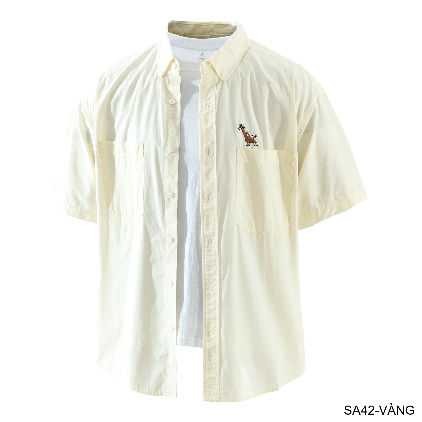 SA42 - Áo sơ mi nam ngắn tay phong cách Nhật, thêu hình hươu cao cổ, chất cotton thoáng mát