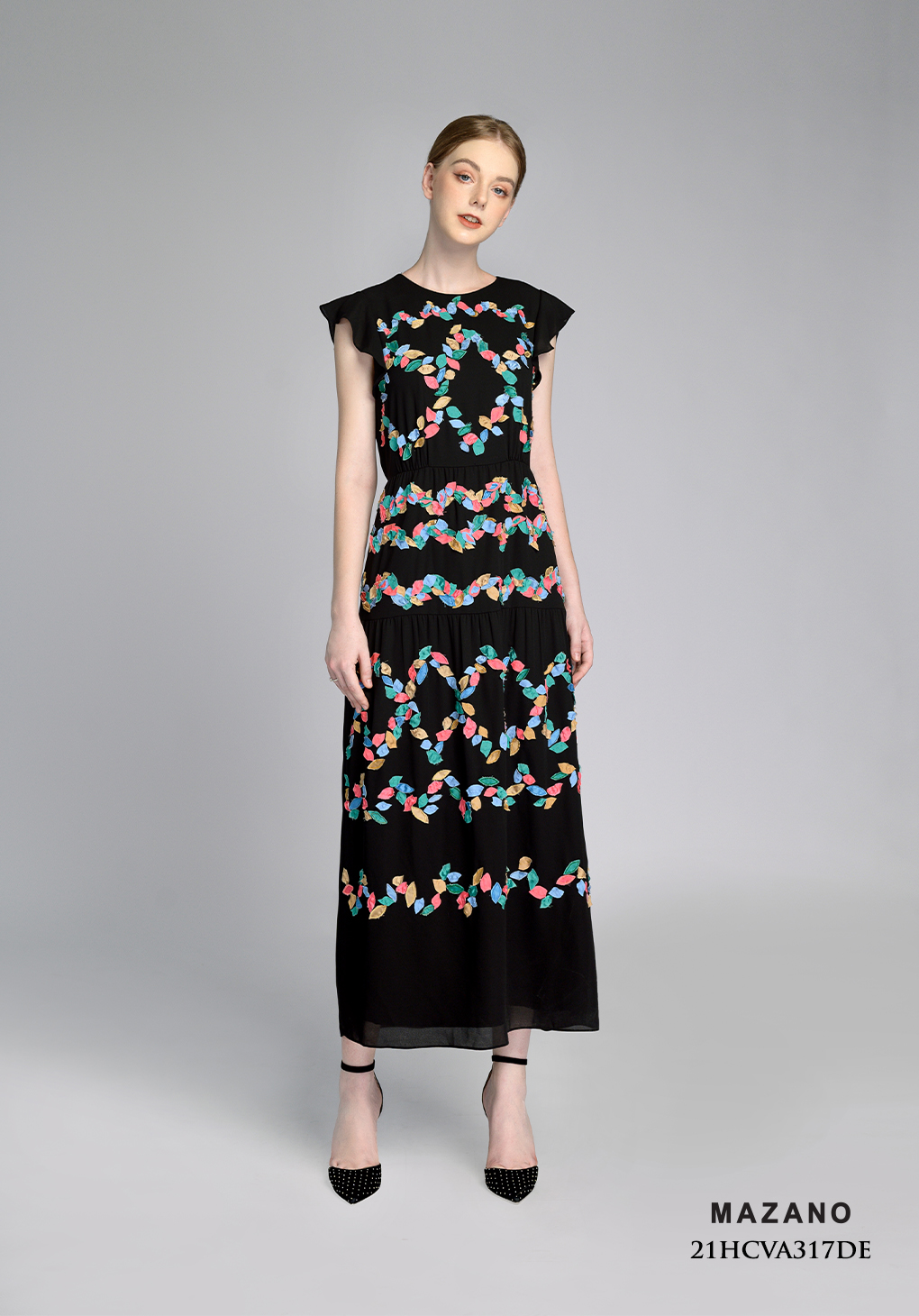 Váy Đầm suông Vải Voan Sạn Đính đắp họa tiết Cổ tròn Tay bèo ngắn Dài dưới bắp chân