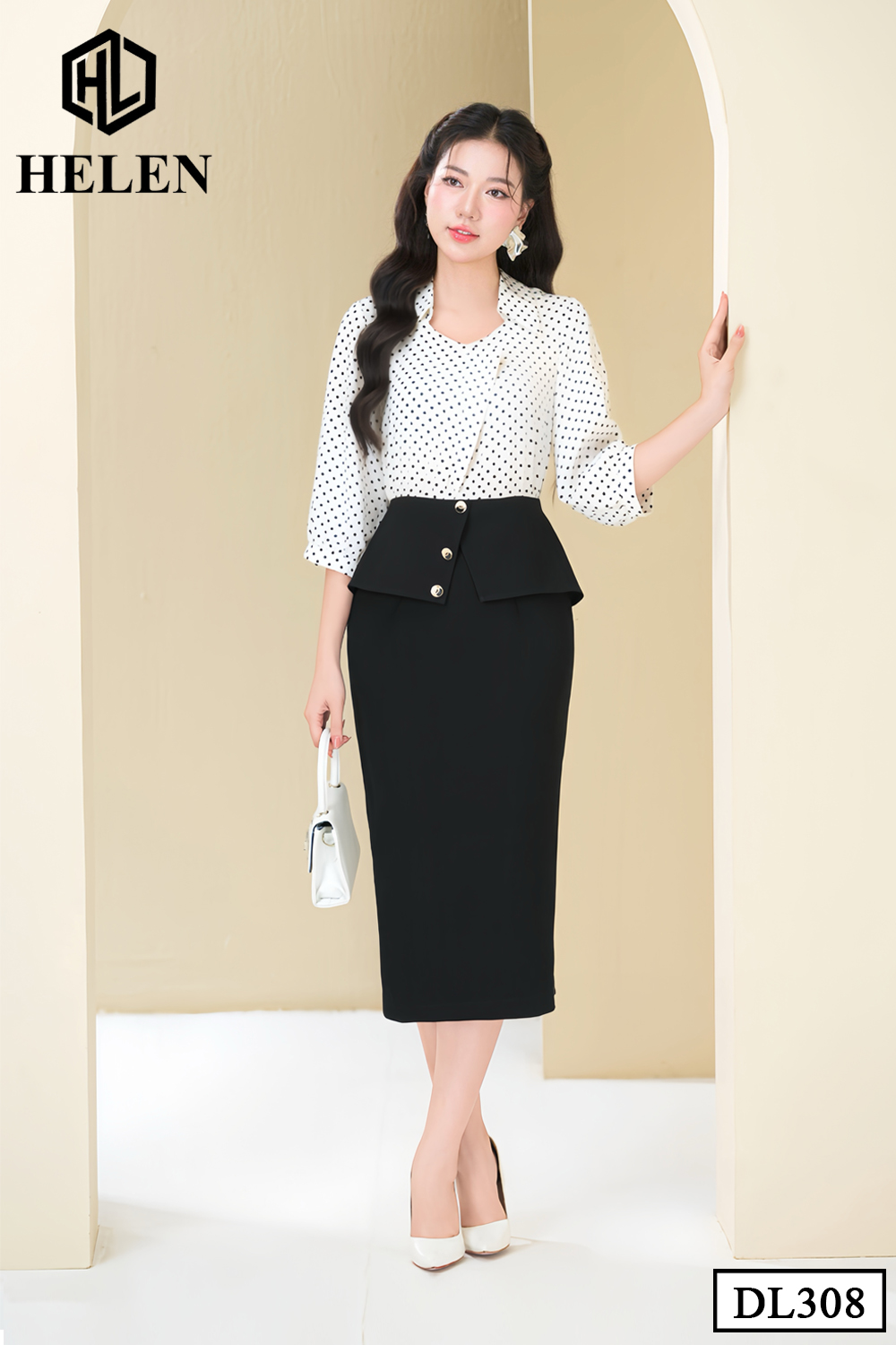 Đầm ôm chấm bi đen phối trắng DL308_thumbnail_2