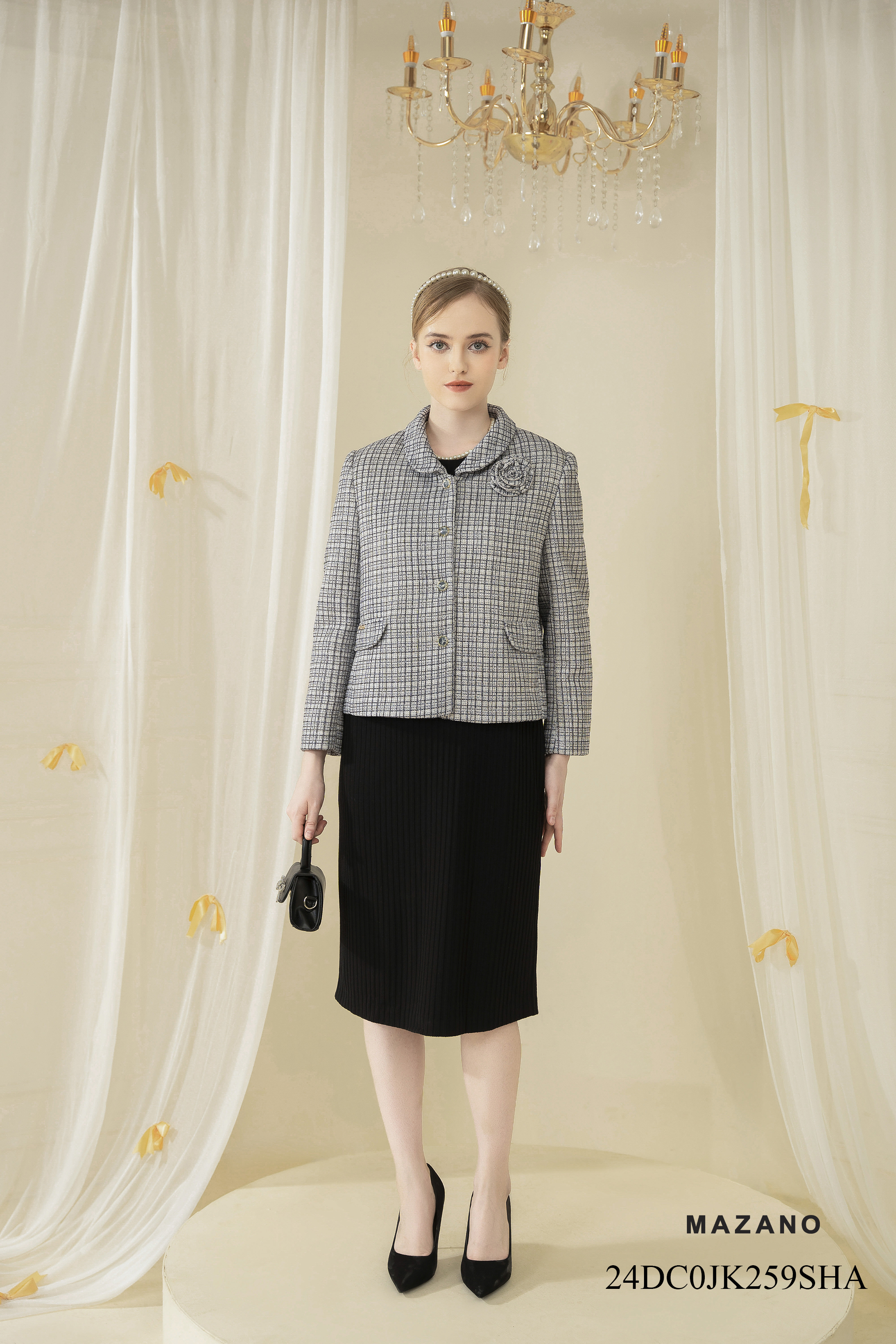 Áo khoác ngắn Suông Vải dạ tweet kẻ - Dài dưới eo  JK259SHA