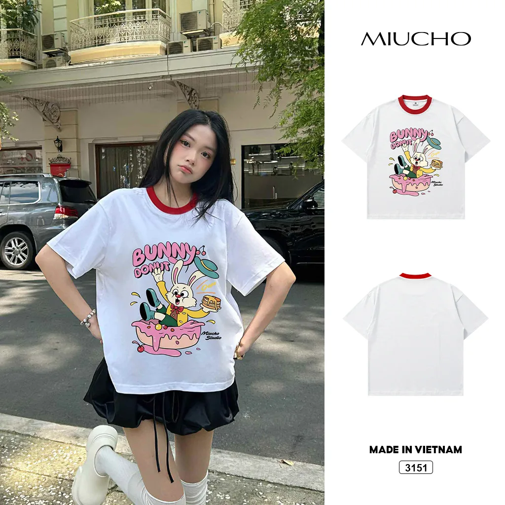 Áo thun boxy phối cổ đỏ Bunny Donut Miucho 3151