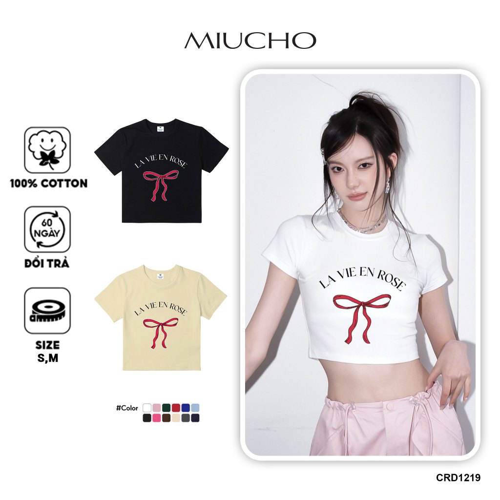 Áo croptop nơ xinh form ôm CRD1219 Miucho tay ngắn vải cotton thoáng mát cổ tòn in mix_thumbnail_8