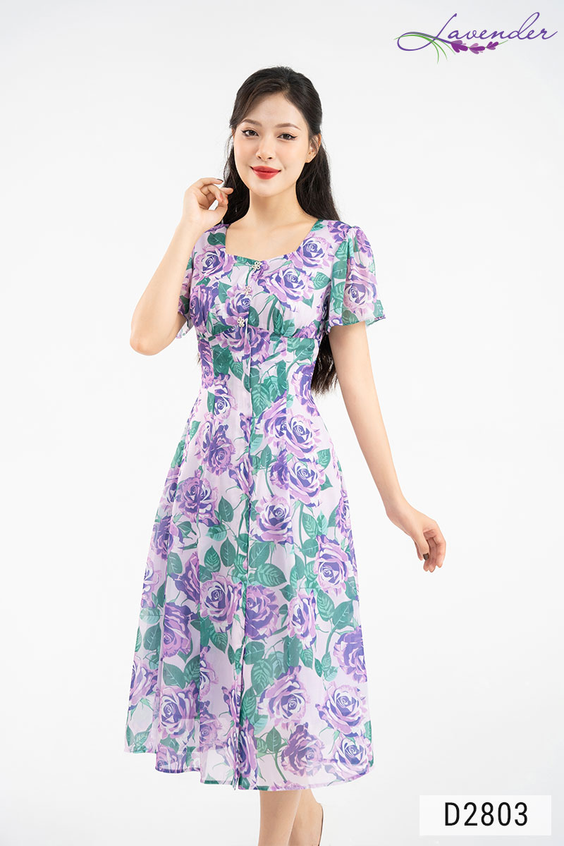 Đầm xòe hoa tím xanh Thời trang Lavender cổ vuông tay ngắn D2803_thumbnail_1