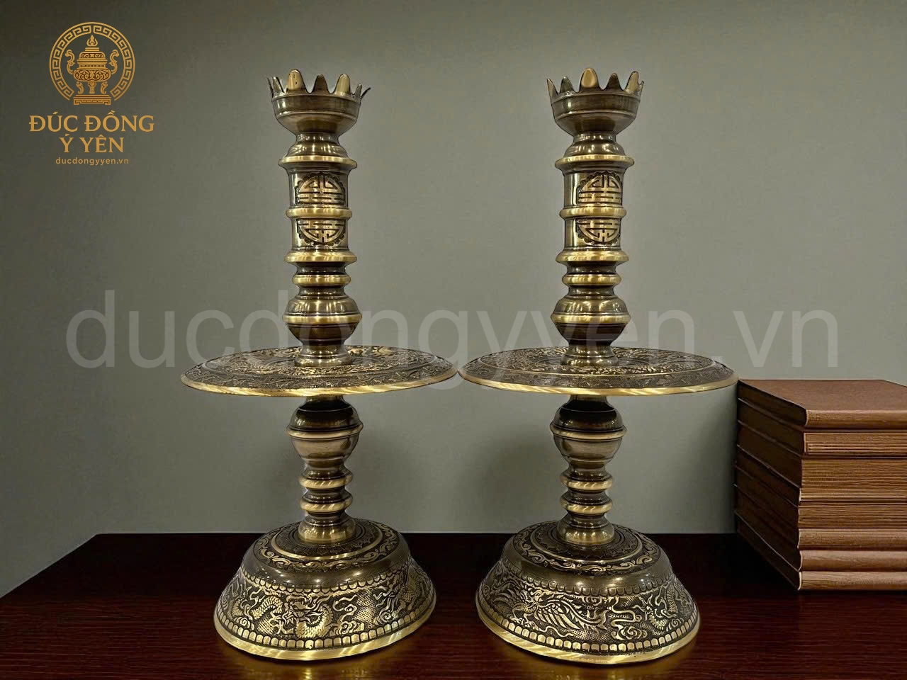 Bộ Bộ đỉnh thờ cao 60cm chạm hoa văn rồng đúc đồng vàng_thumbnail_4