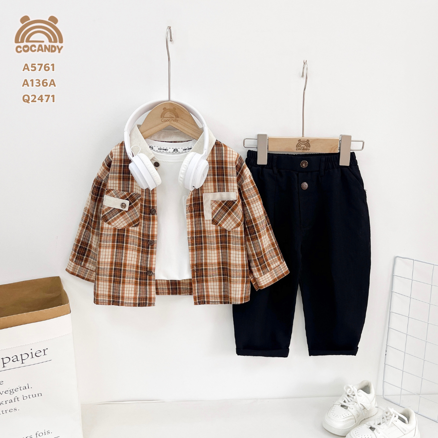 Áo dài sơ mi caro NÂU CAM 2 túi ngực_thumbnail_0