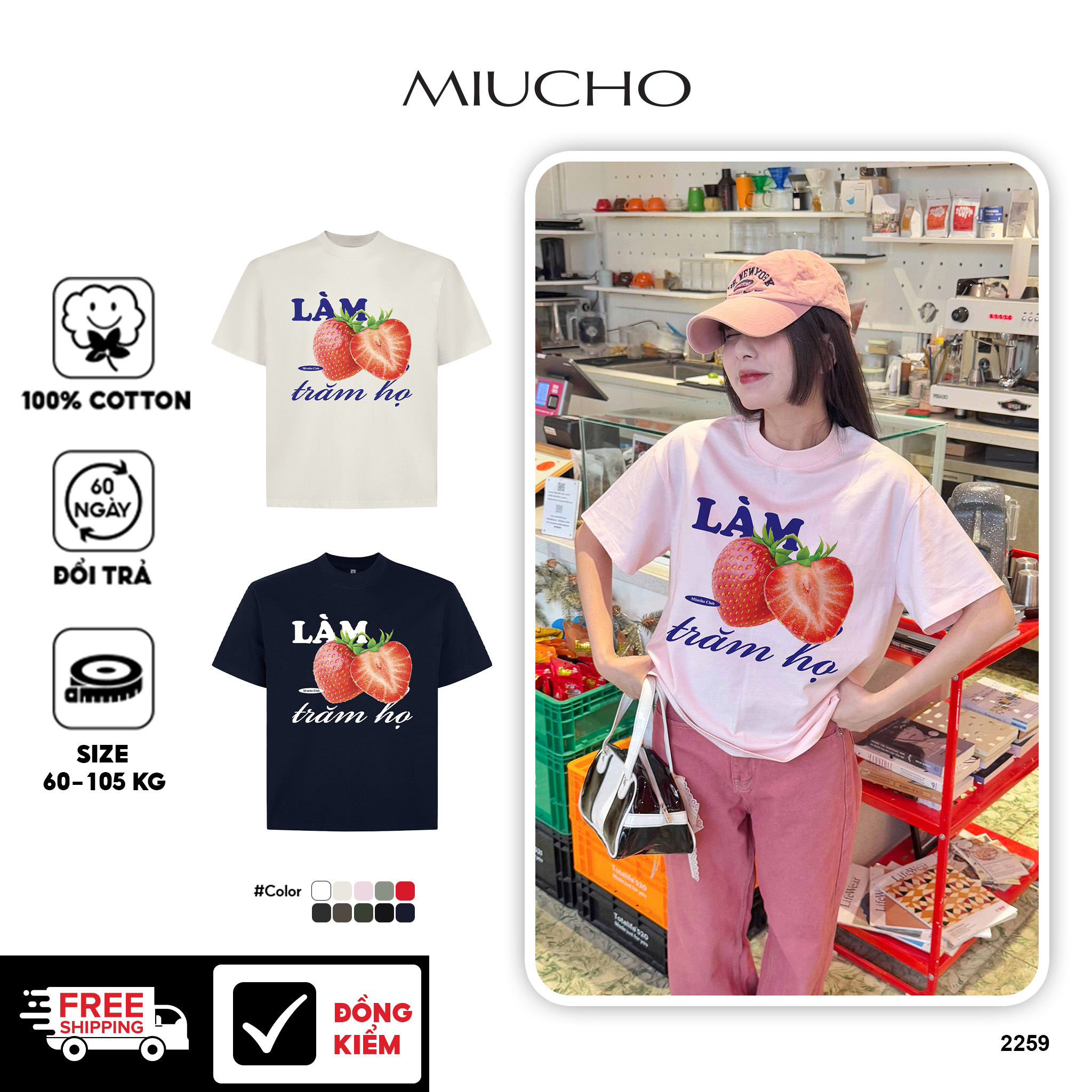Áo thun boxy in chữ độc đáo 2259 Miucho cổ tròn chất vải cotton 2 chiều in mix