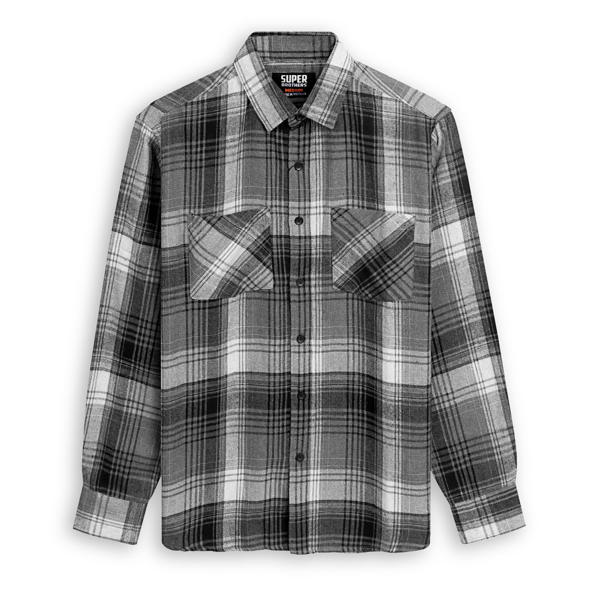 Áo Sơ Mi Super Brother FLANNEL Cotton Cá Sấu Logo Thêu Màu Xám
