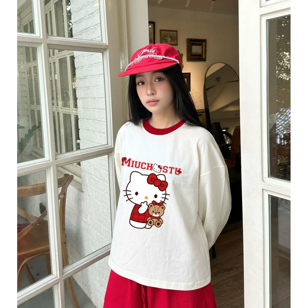 Áo thun boxy tay dài Miucho chất vải thoáng mát mềm mại phối cổ mix màu Kitty đỏ 2806_thumbnail_5