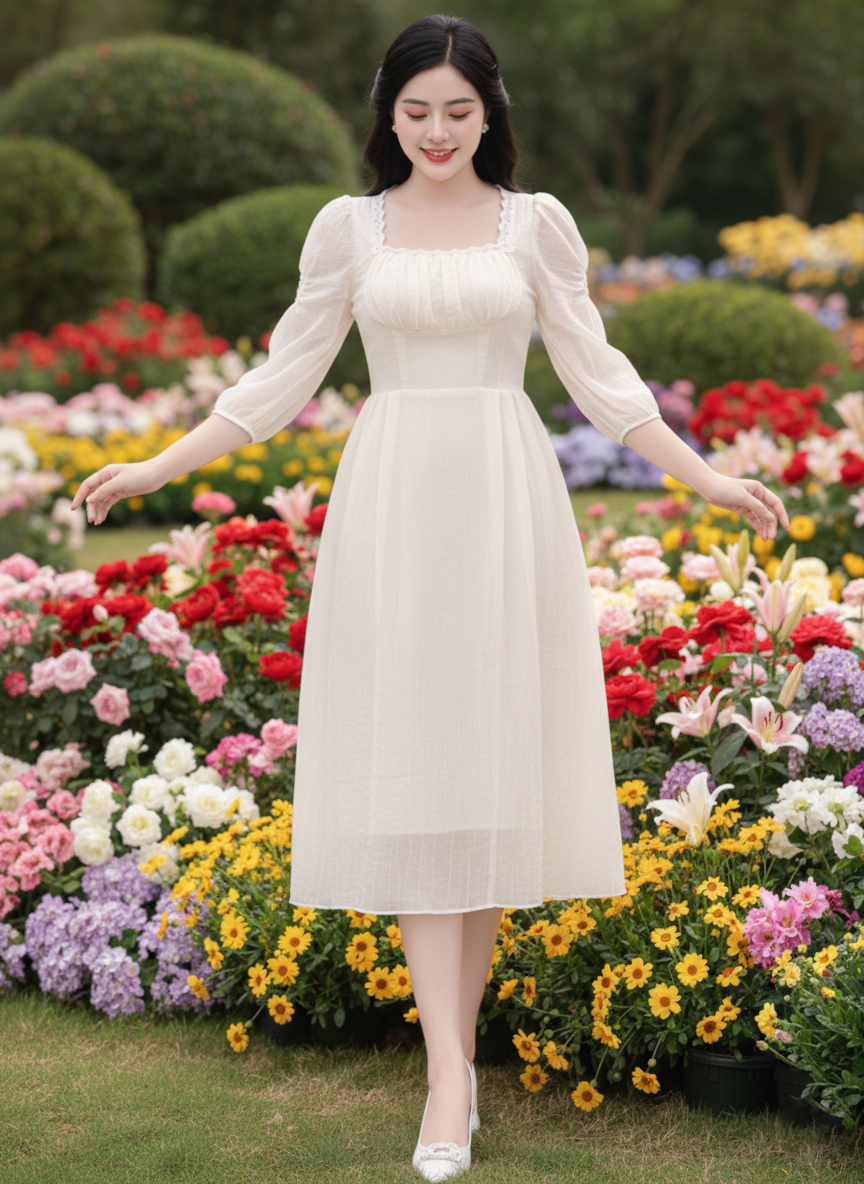 Đầm midi tay dài cổ U phối ren ngực_thumbnail_4