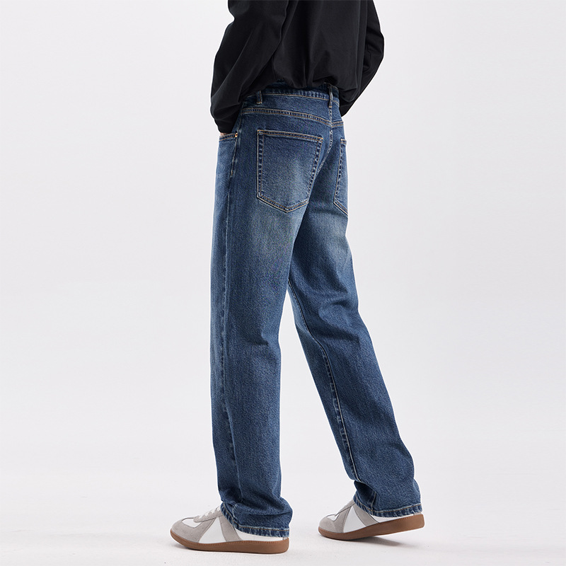 Quần jean xanh cổ điển của Mỹ nam mùa thu đông mới hợp thời trang quần ống rộng dáng ôm vừa vặn giặt hơi loe quần dài_thumbnail_4