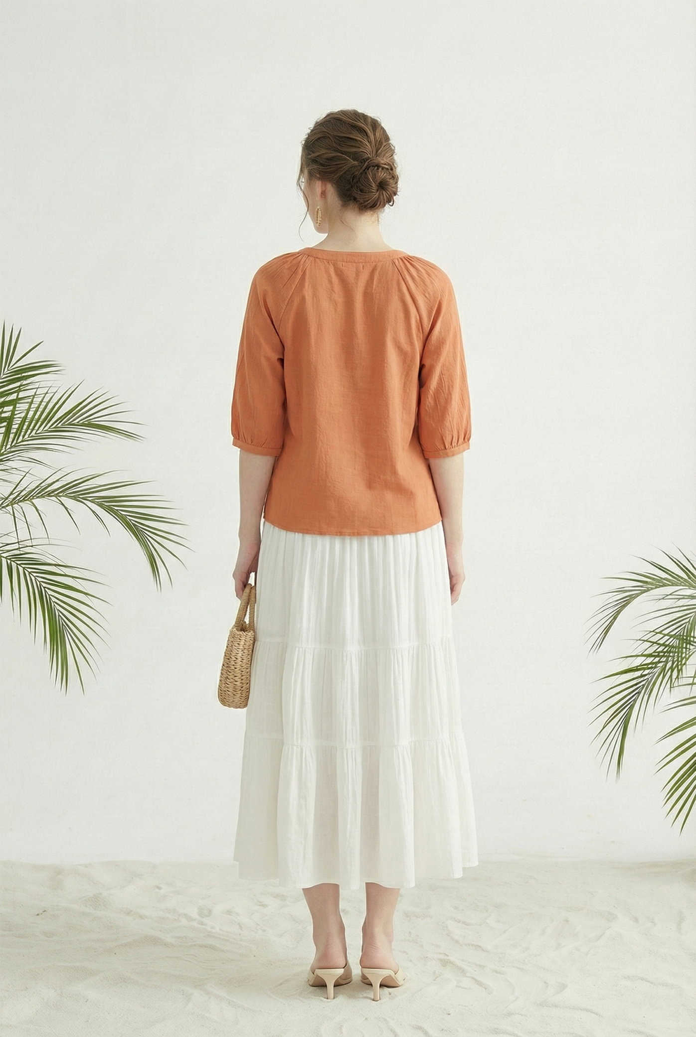 Chân váy trắng vải pha linen nhún xòe 3 tầng cạp chun thiết kế MAZANO 1HA1SCV017TR_thumbnail_5