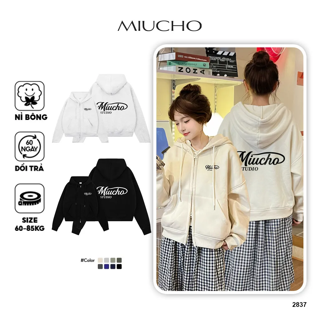 Áo khoác hoodie zip boxy Miucho nỉ 2 da thoáng mát khóa kéo có nón local brand 2837